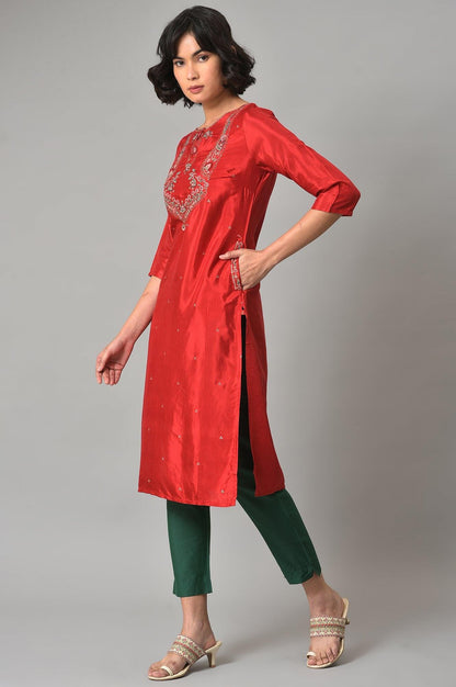 Red Embroidered Festive kurta With Green Slim Pants - wforwoman