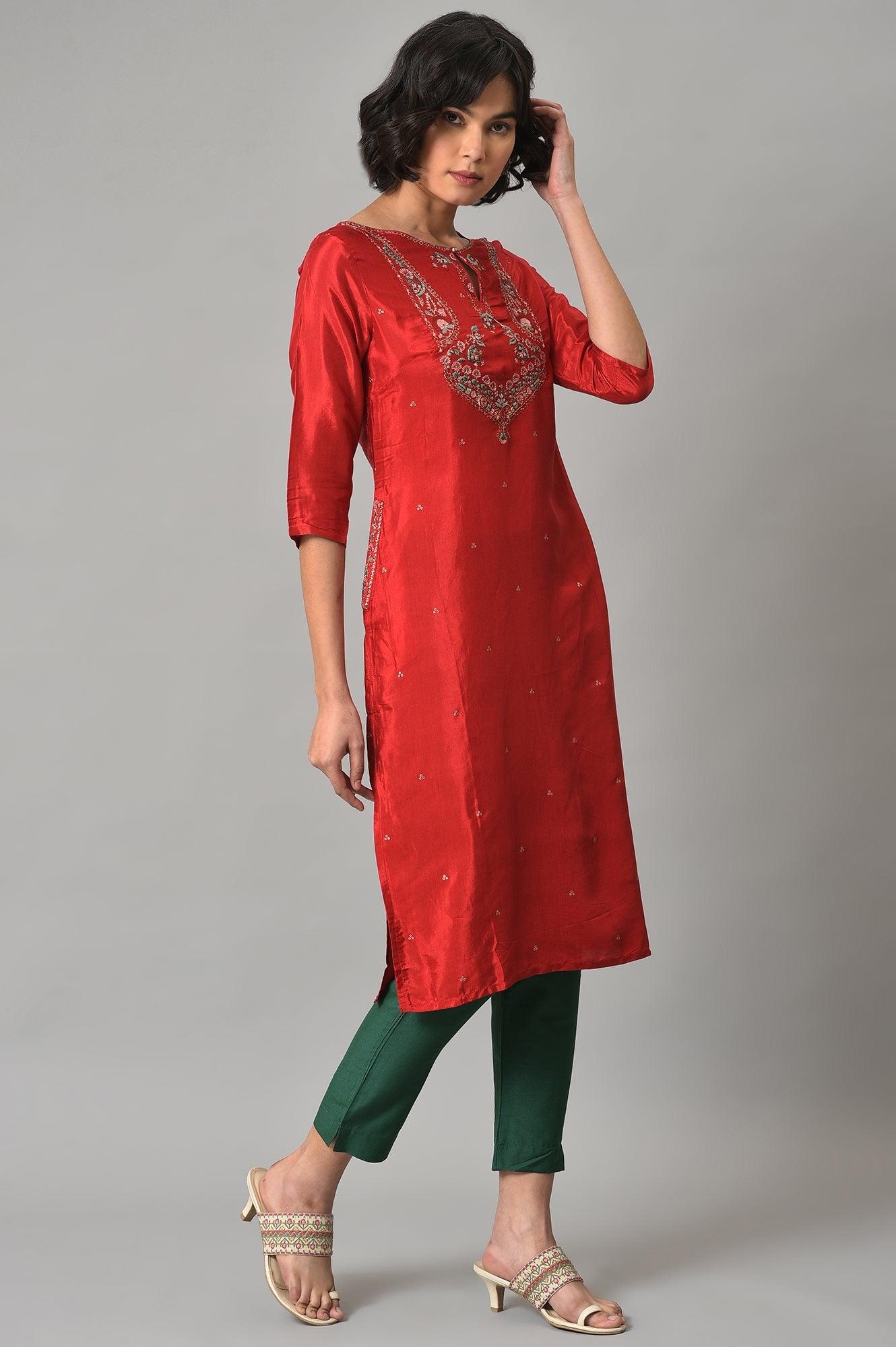 Red Embroidered Festive kurta With Green Slim Pants - wforwoman