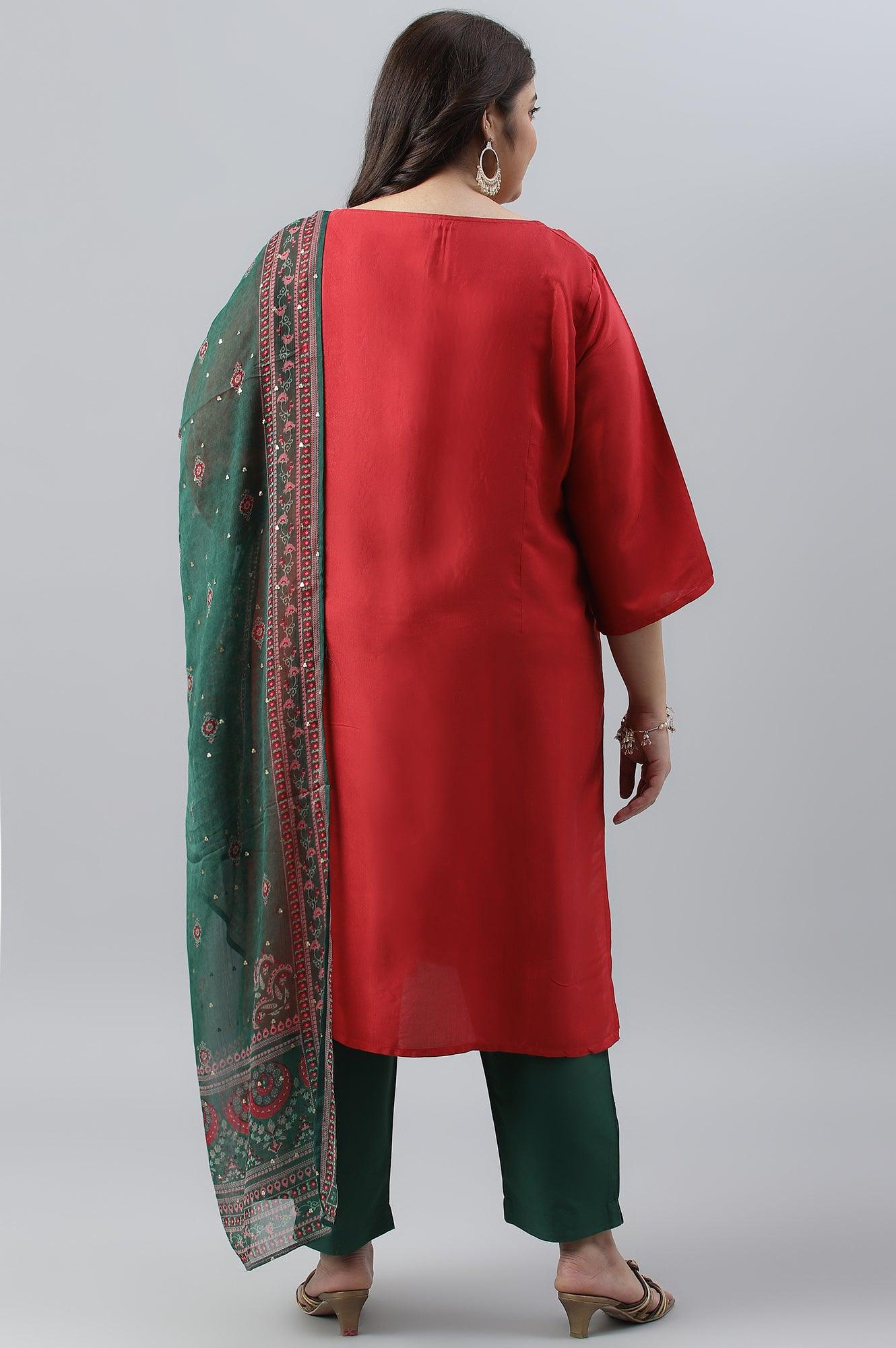 Plus Size Red Glitter Printed Festive kurta With Green Slim Pants And Printed Dupatta - wforwoman