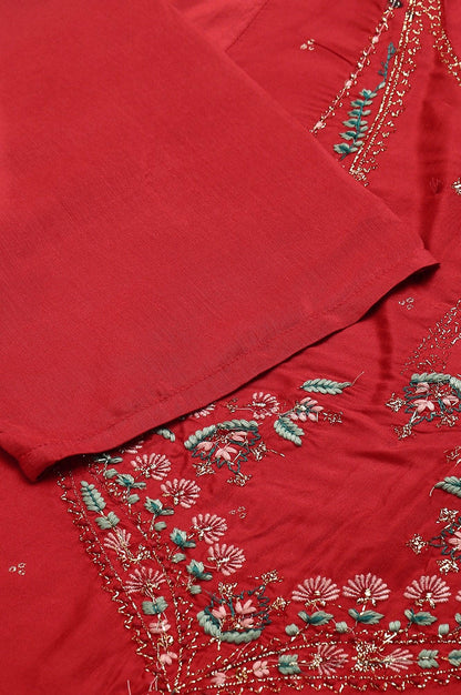 Plus Size Red Glitter Printed Festive kurta With Green Slim Pants And Printed Dupatta - wforwoman