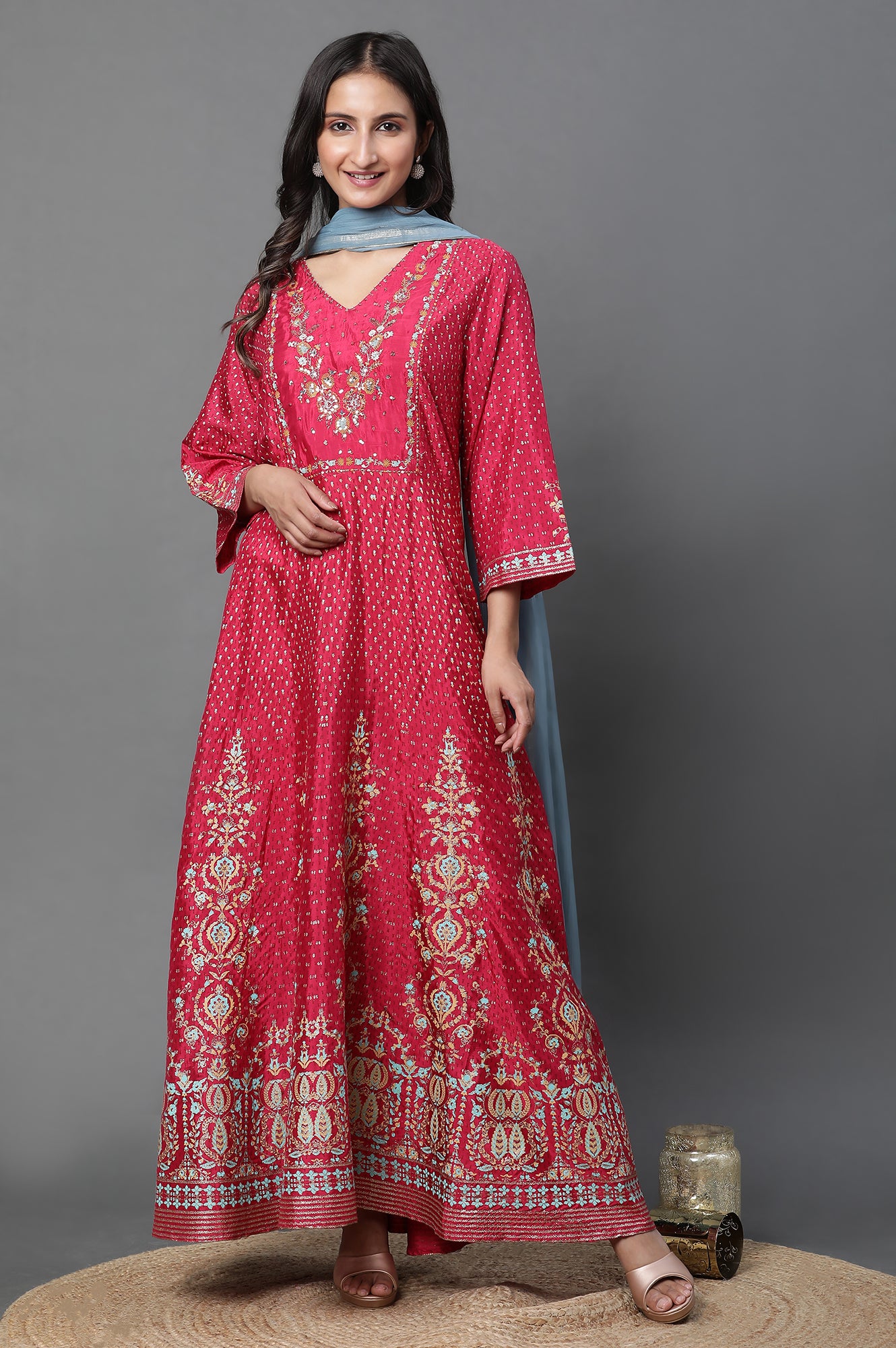 Pink Glitter Printed Kalidar Dress And Dupatta Set