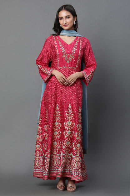 Pink Glitter Printed Kalidar Dress And Dupatta Set