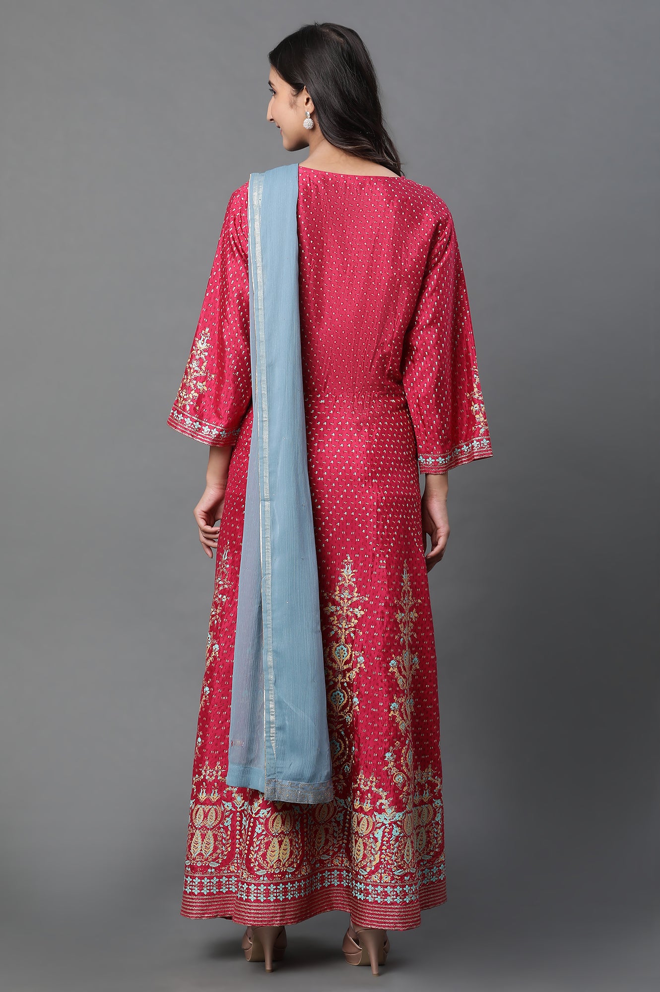 Pink Glitter Printed Kalidar Dress And Dupatta Set