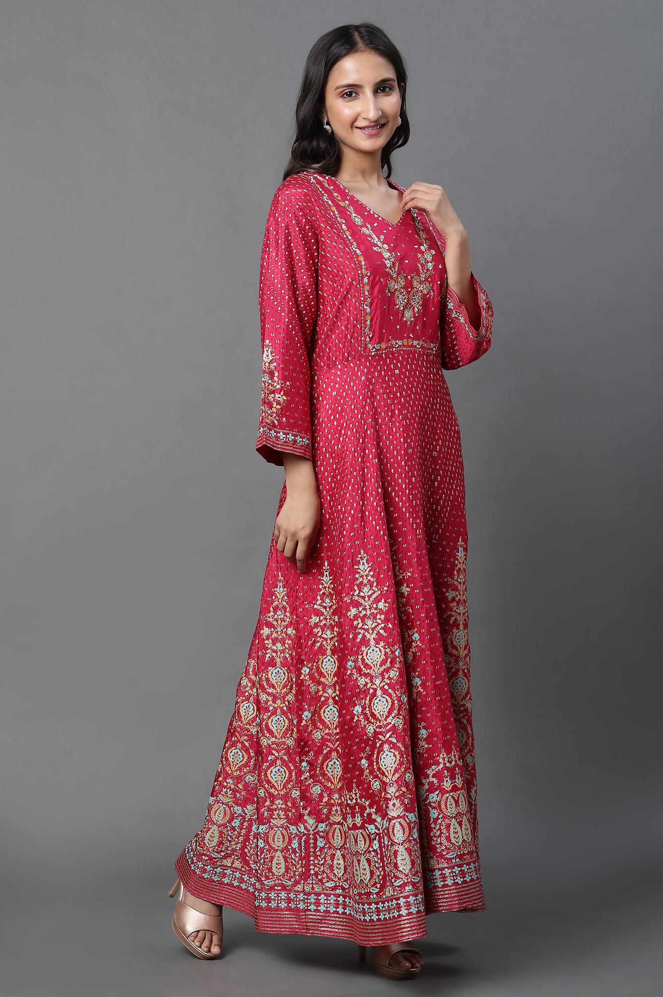 Pink Glitter Printed Kalidar Dress And Dupatta Set