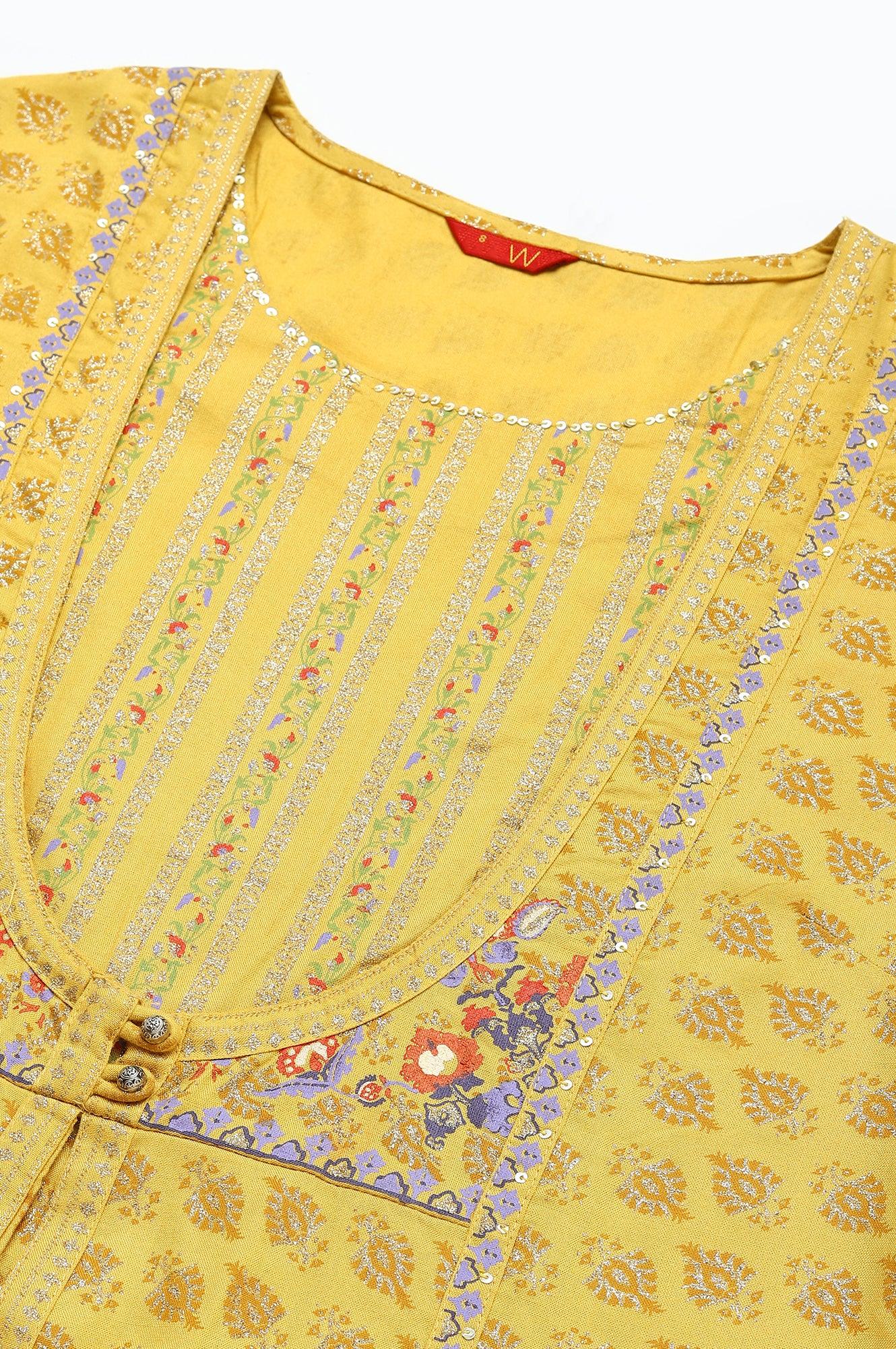 Yellow Glitter Printed Mock Layer kurta With Straight Pants - wforwoman