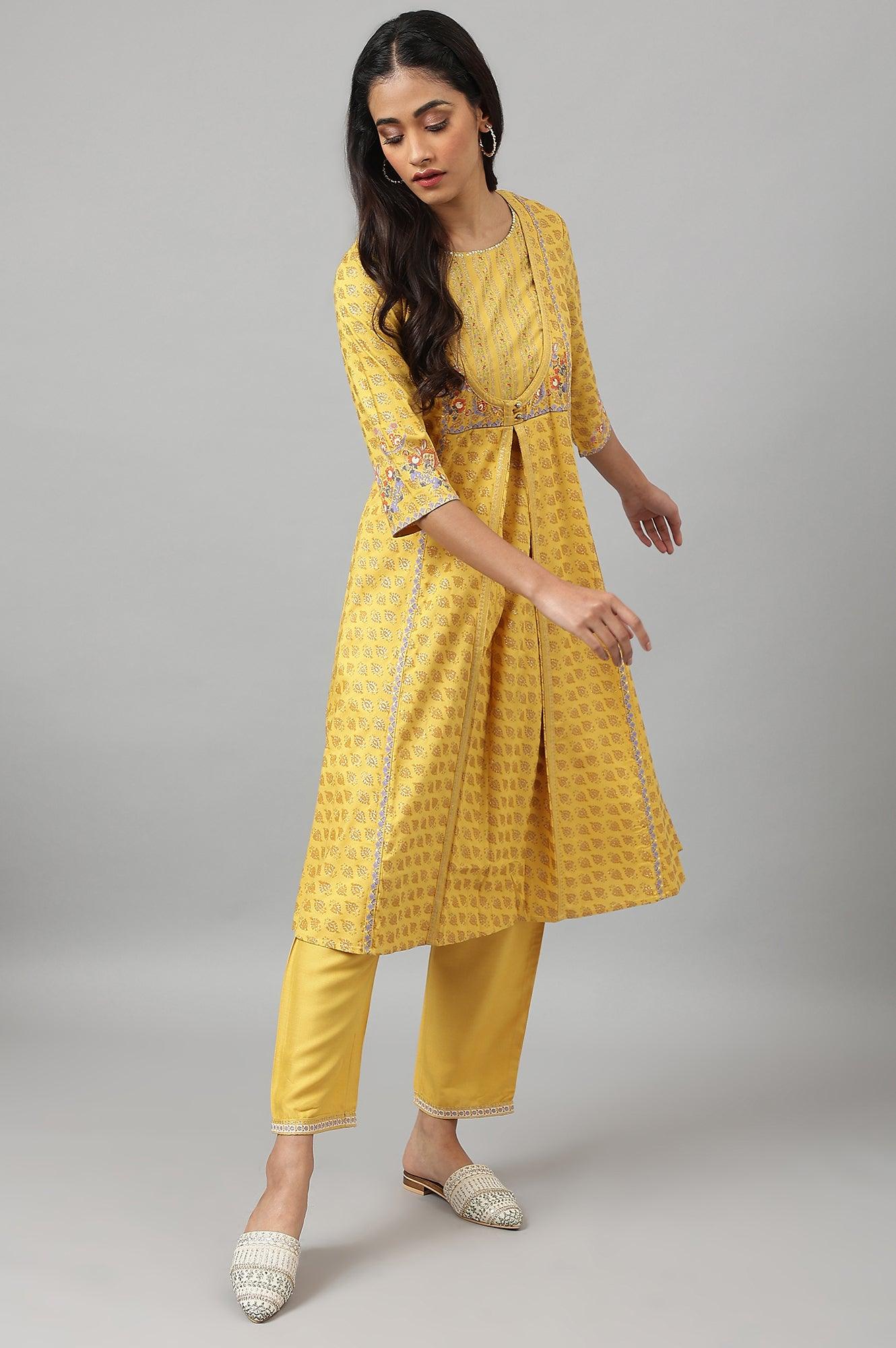 Yellow Glitter Printed Mock Layer kurta With Straight Pants - wforwoman