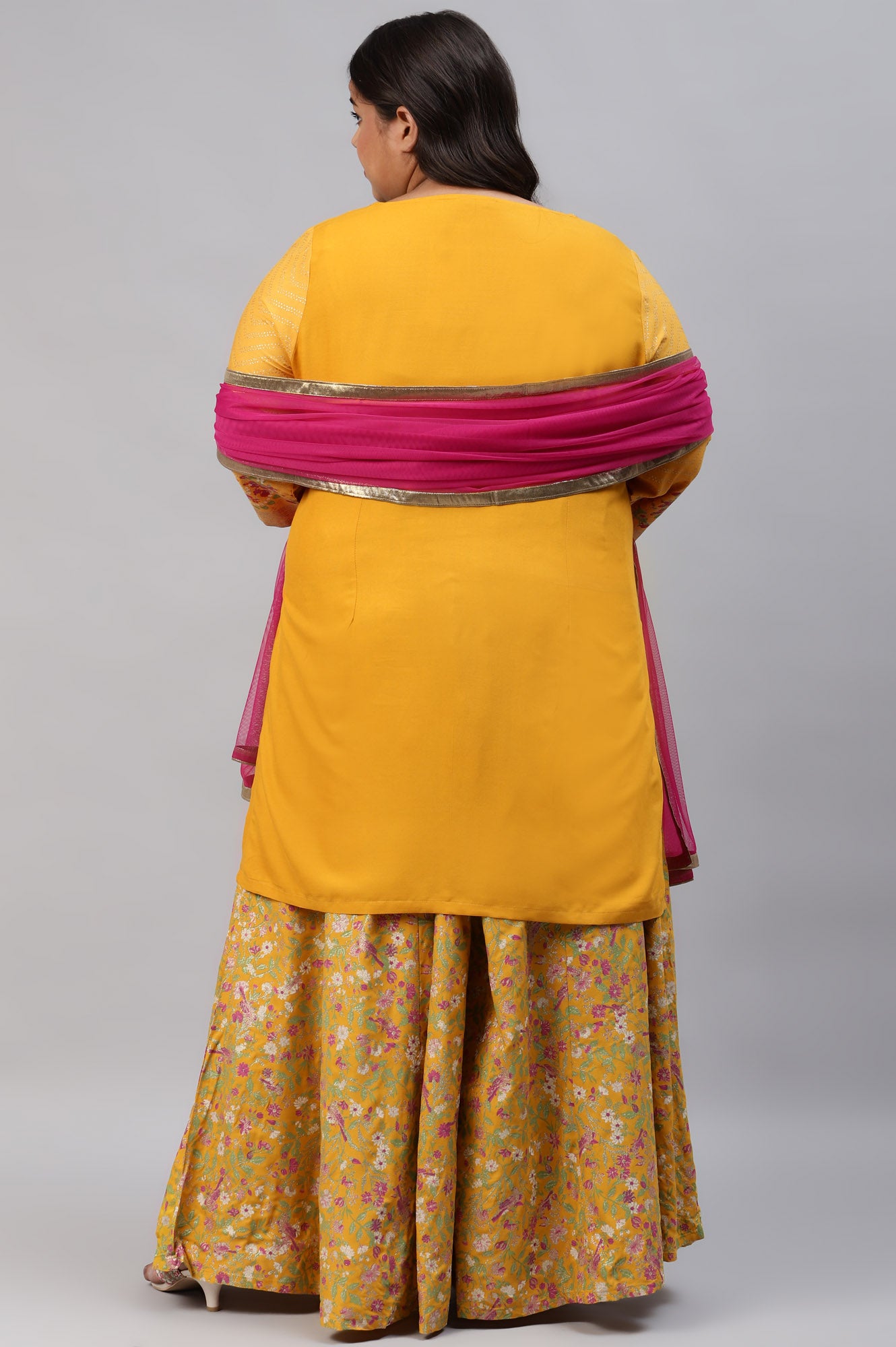 Yellow Embroidered kurta Wth Culottes And Pink Dupatta