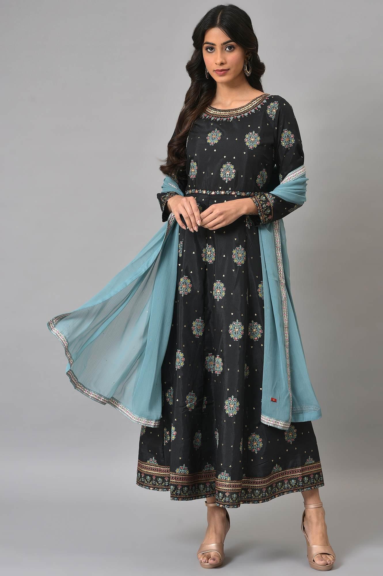 Jet Black Printed Kalidar Embroidered Dress With Blue Chiffon Dupatta - wforwoman