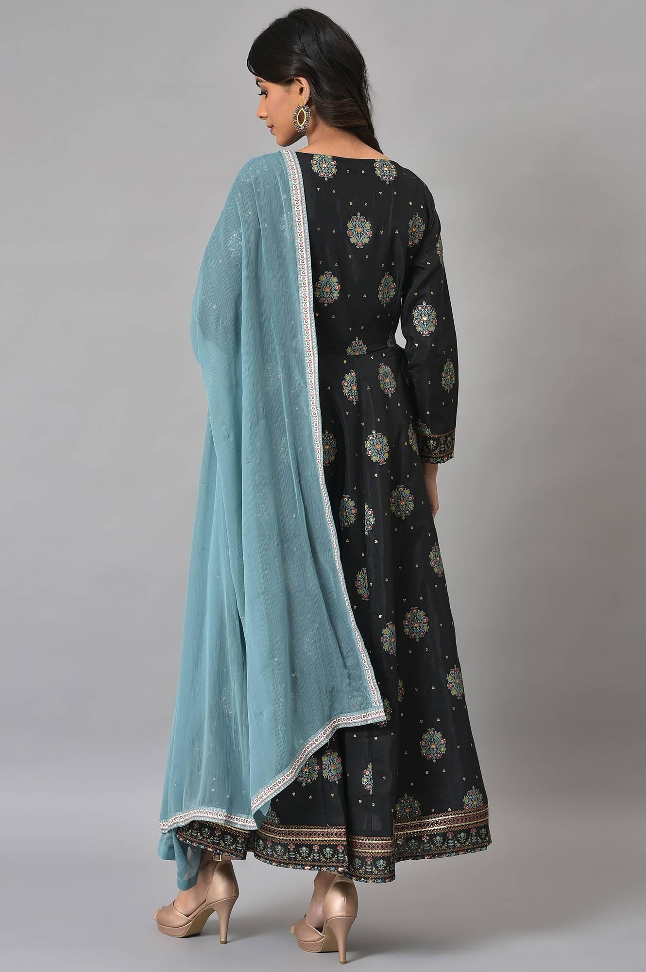 Jet Black Printed Kalidar Embroidered Dress With Blue Chiffon Dupatta - wforwoman