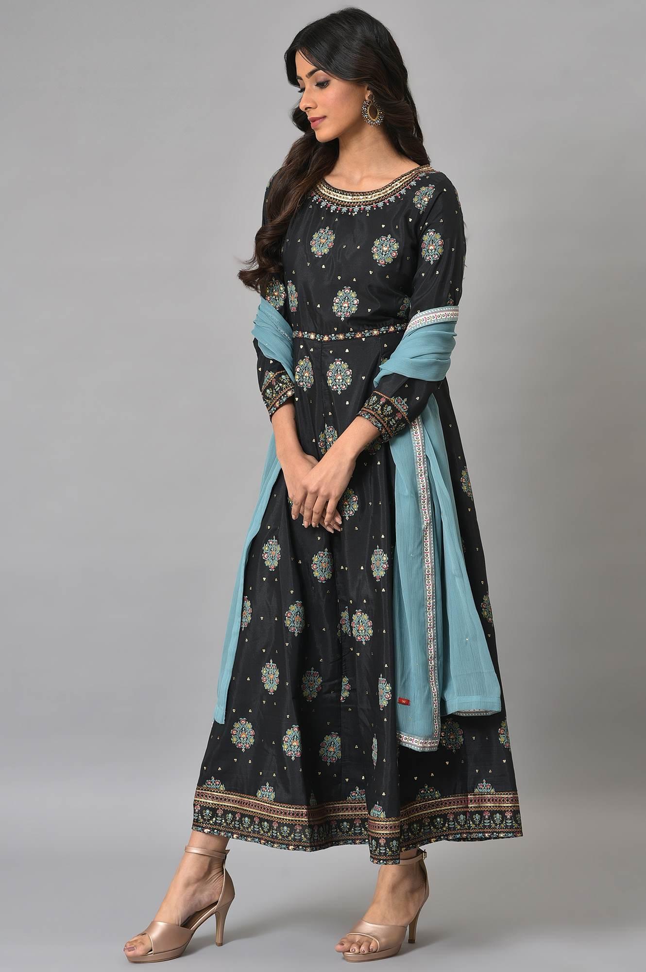 Jet Black Printed Kalidar Embroidered Dress With Blue Chiffon Dupatta - wforwoman