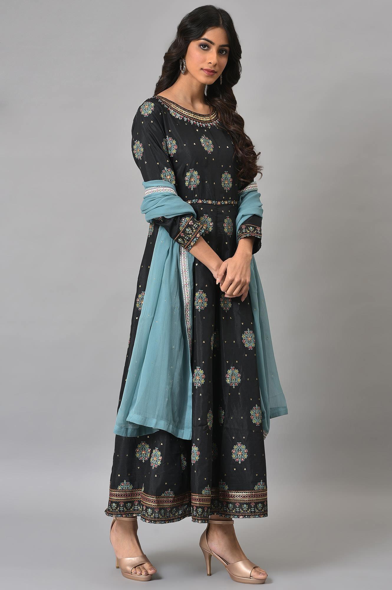 Jet Black Printed Kalidar Embroidered Dress With Blue Chiffon Dupatta - wforwoman