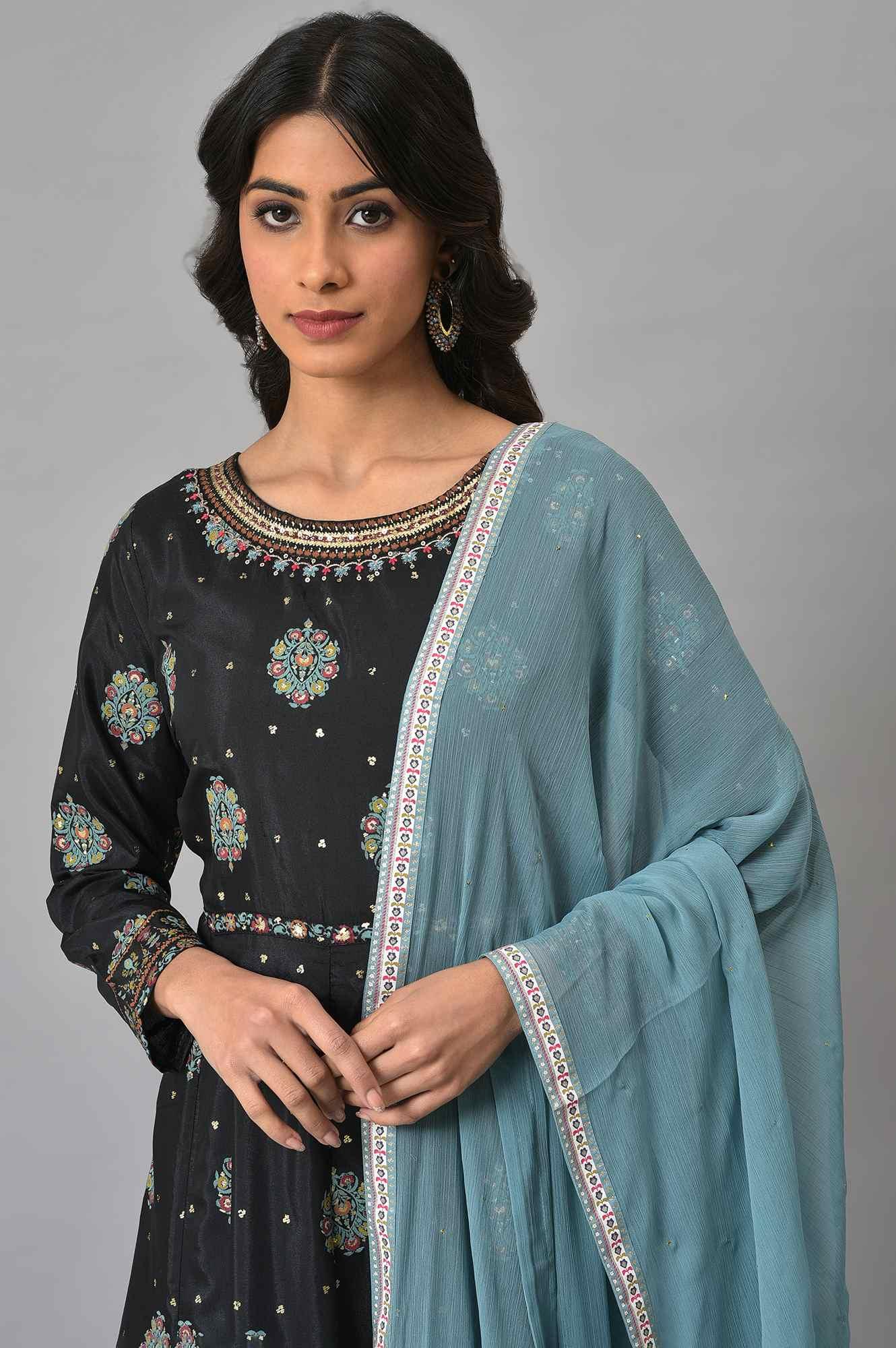 Jet Black Printed Kalidar Embroidered Dress With Blue Chiffon Dupatta - wforwoman