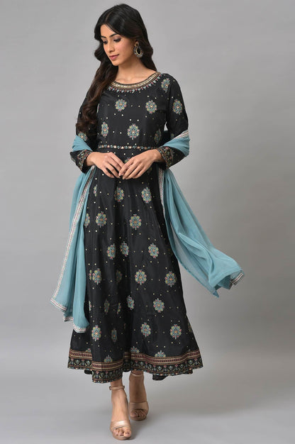 Jet Black Printed Kalidar Embroidered Dress With Blue Chiffon Dupatta - wforwoman