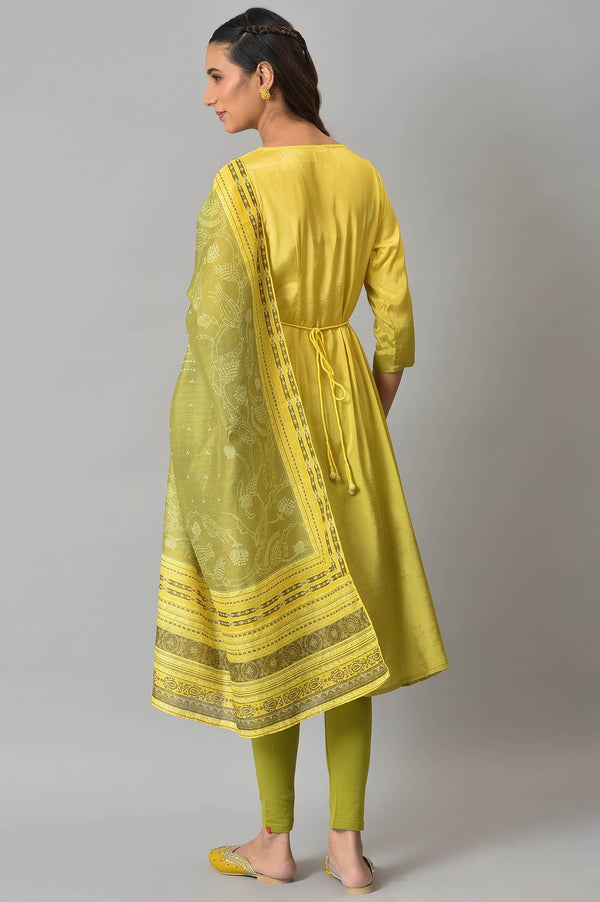 Lemon Yellow and Olive Green Printed Kurta with Tights and Dupatta Set