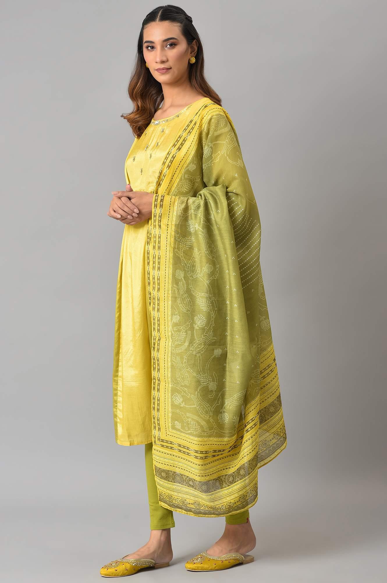 Lemon Yellow And Olive Green Printed kurta With Tights And Dupatta - wforwoman