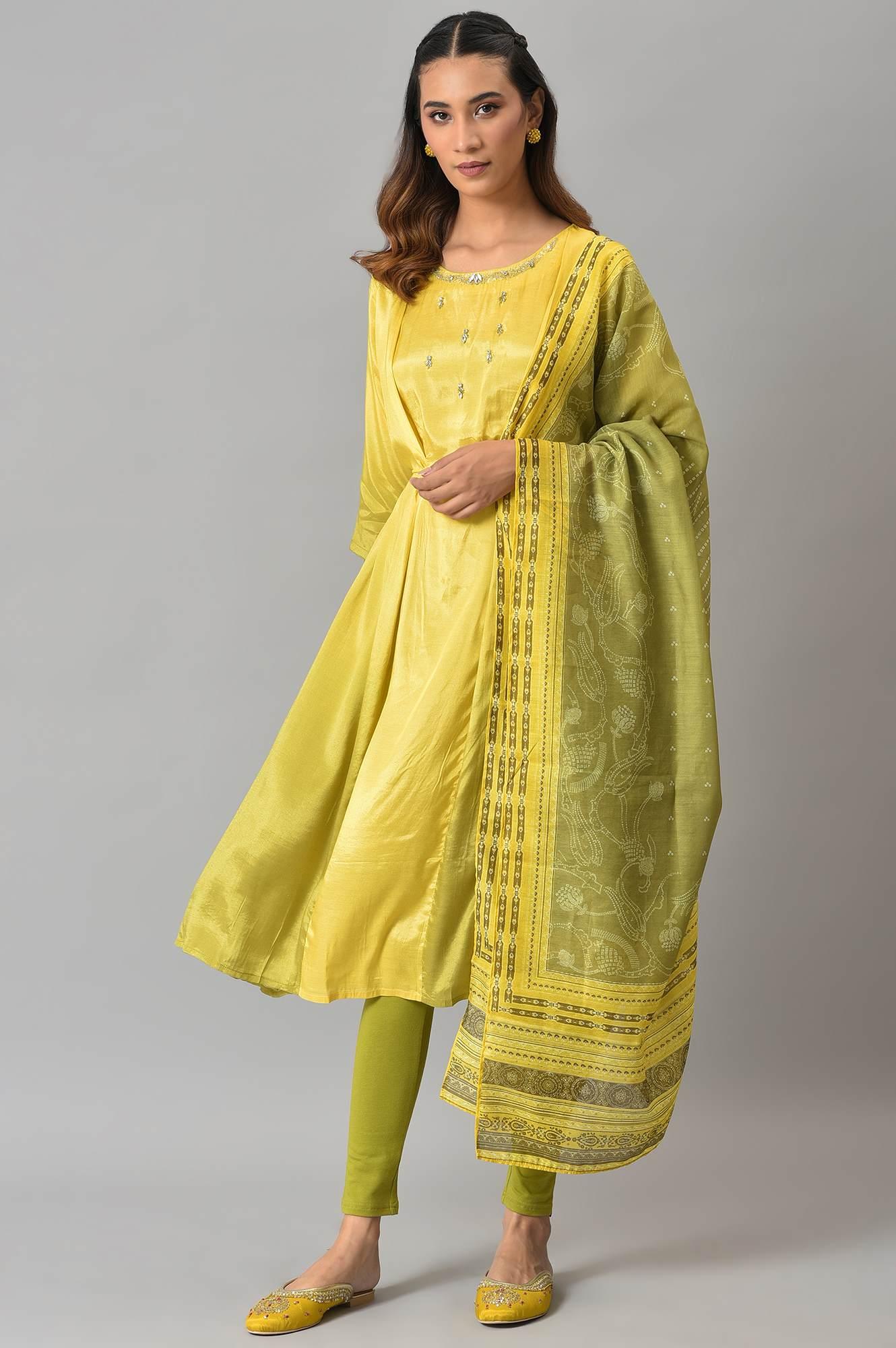Lemon Yellow And Olive Green Printed kurta With Tights And Dupatta - wforwoman
