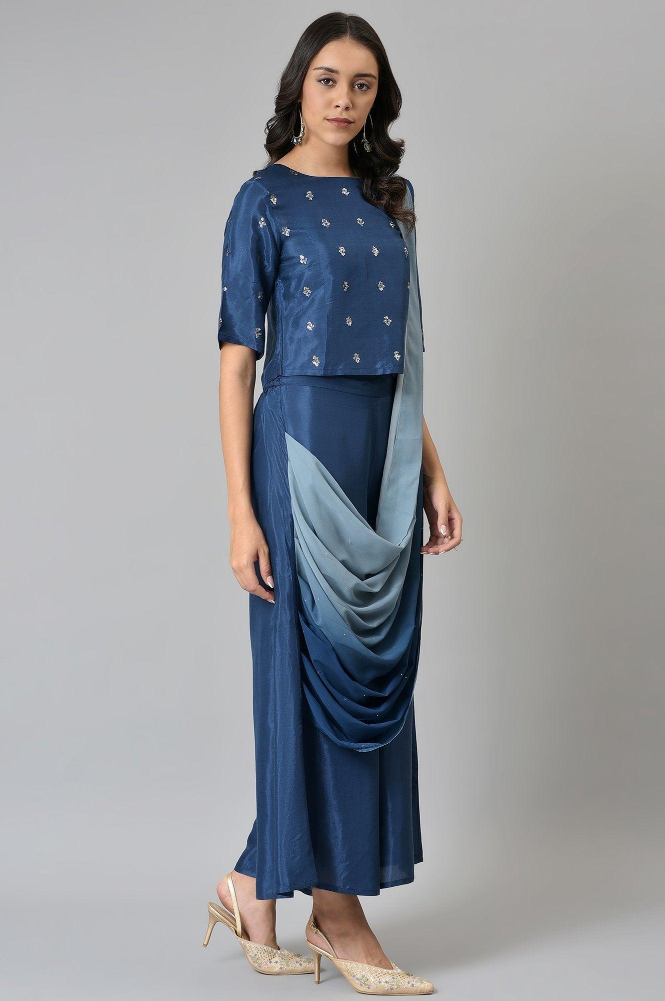 Navy Blue Crop With Pants Having Attached Ombre Drape - wforwoman