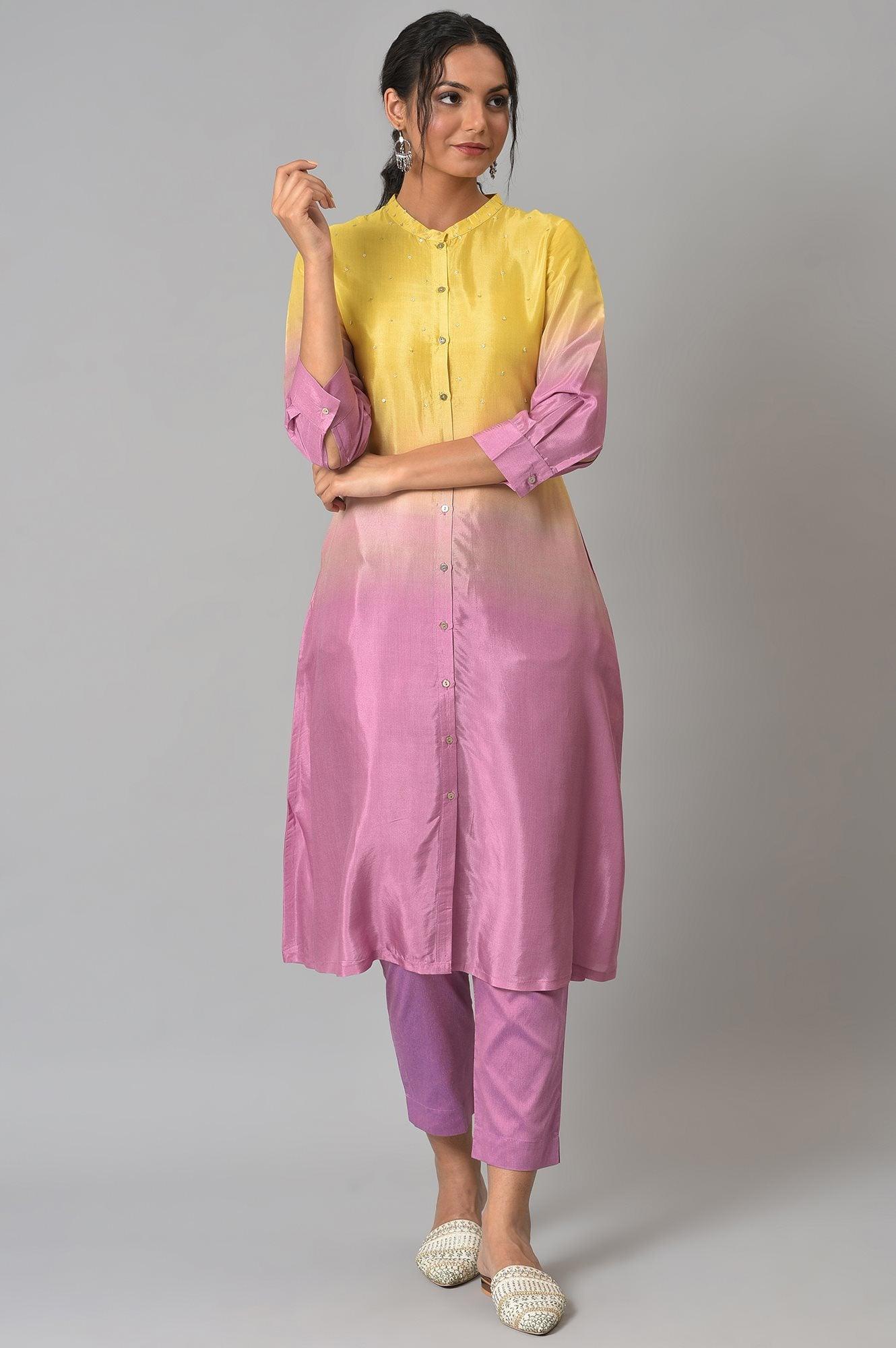 Corn Yellow And Plum Ombre A-Line kurta With Pants - wforwoman