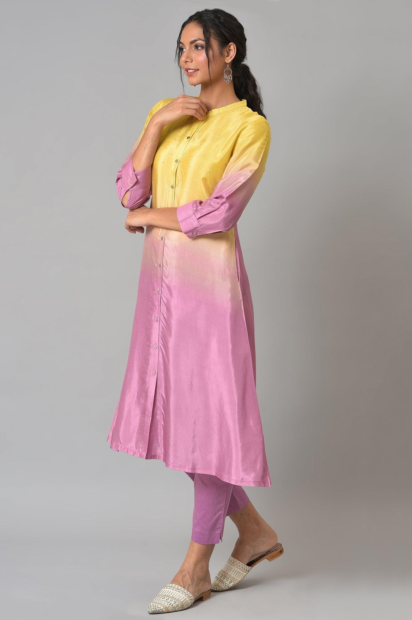 Corn Yellow And Plum Ombre A-Line kurta With Pants - wforwoman