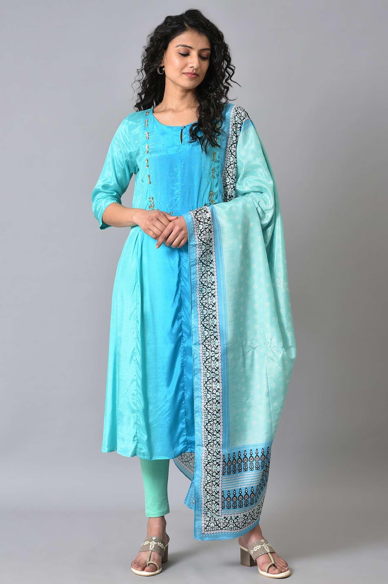 Light Green And Blue Ombre kurta Set - wforwoman