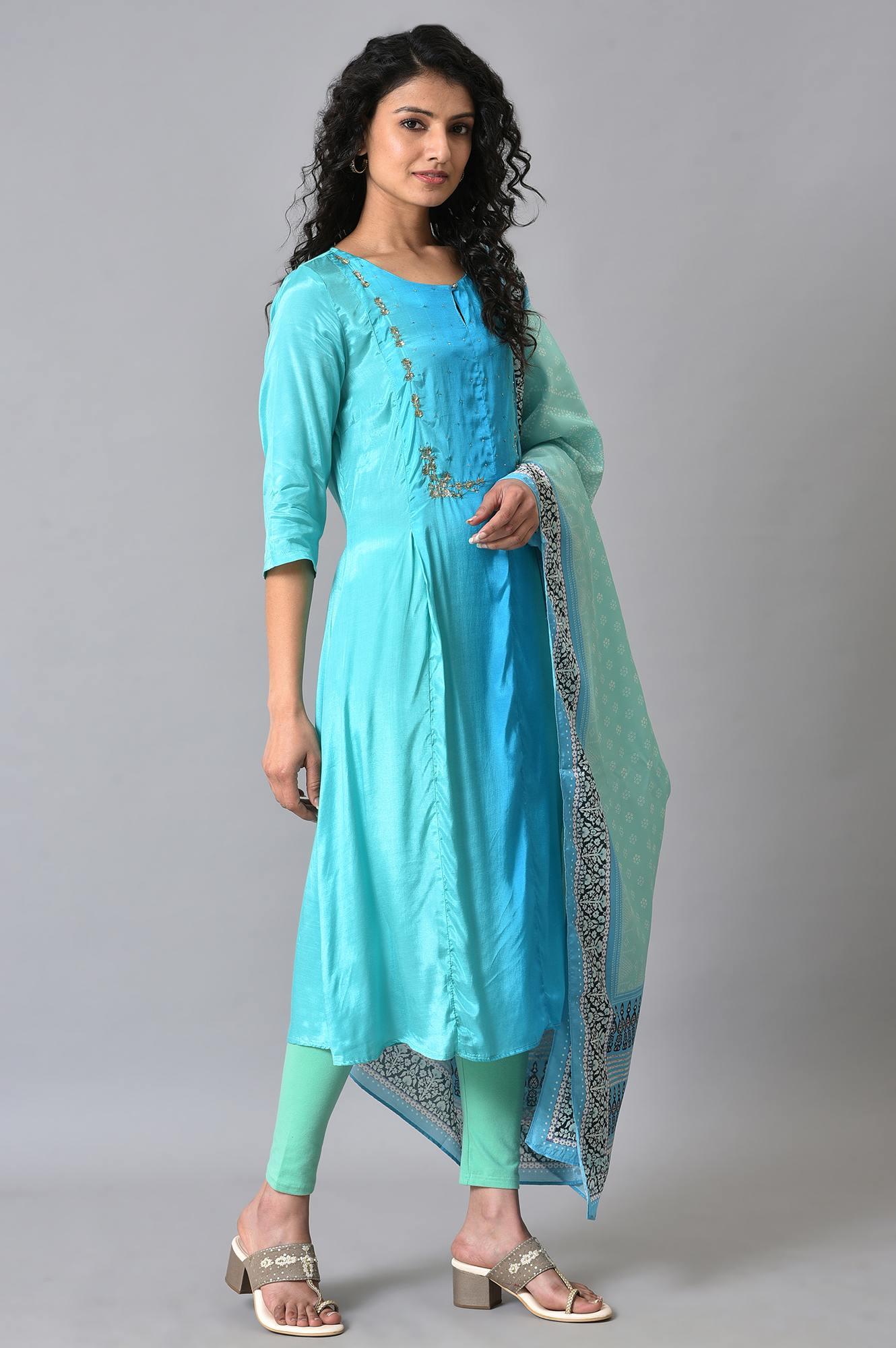 Light Green And Blue Ombre kurta Set - wforwoman