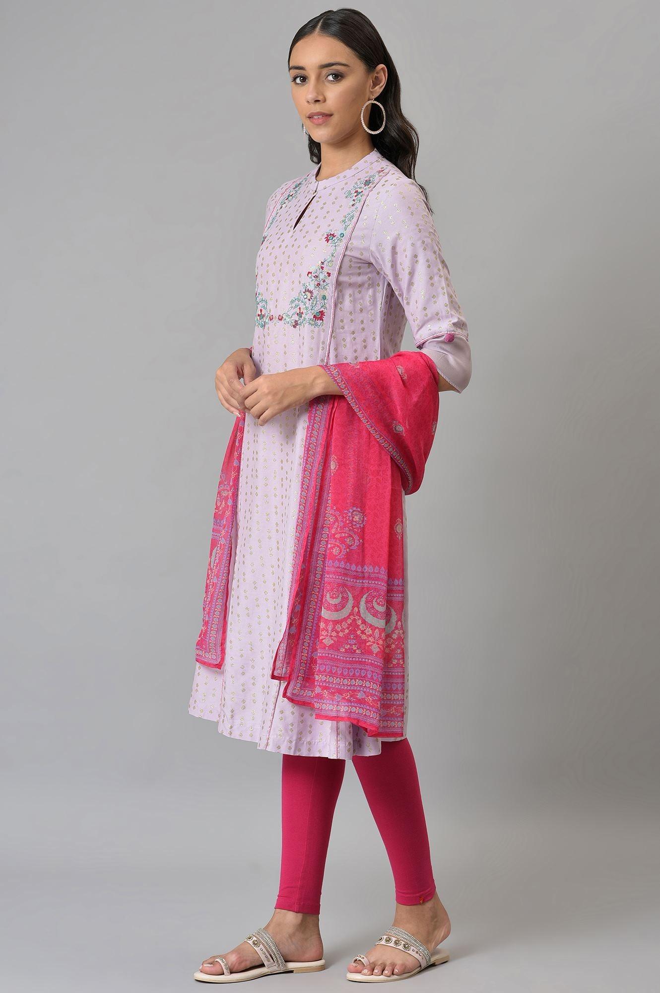 Light Purple Embroidered kurta With Pink Tights And Dupatta - wforwoman