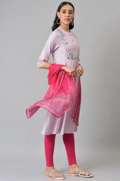 Light Purple Embroidered kurta With Pink Tights And Dupatta - wforwoman