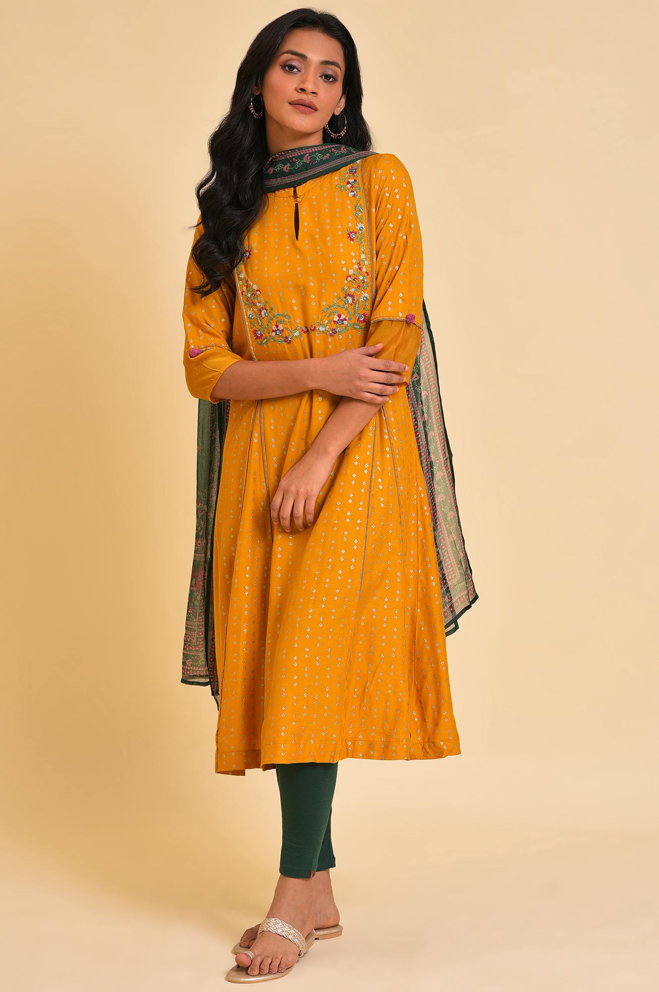 Yellow Embroidered kurta, Tights &amp; Dupatta Set