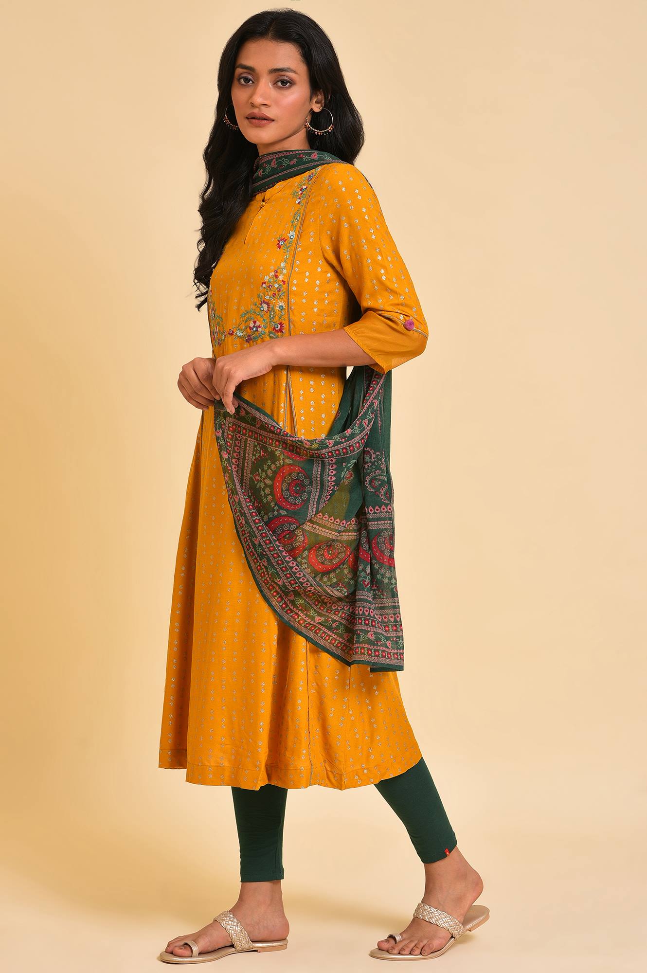 Yellow Embroidered kurta, Tights &amp; Dupatta Set