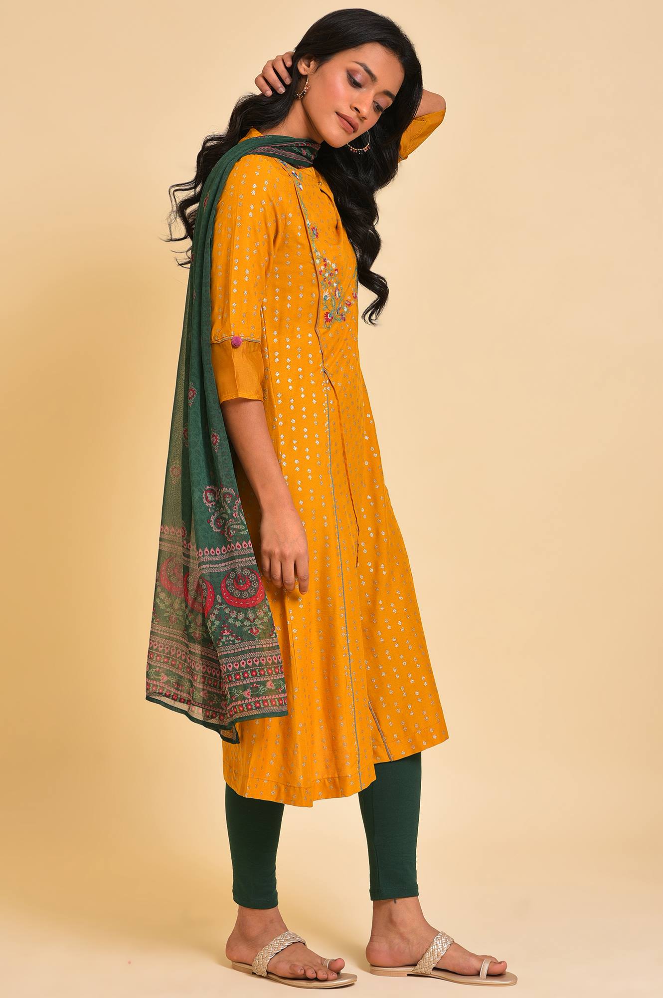 Yellow Embroidered kurta, Tights &amp; Dupatta Set