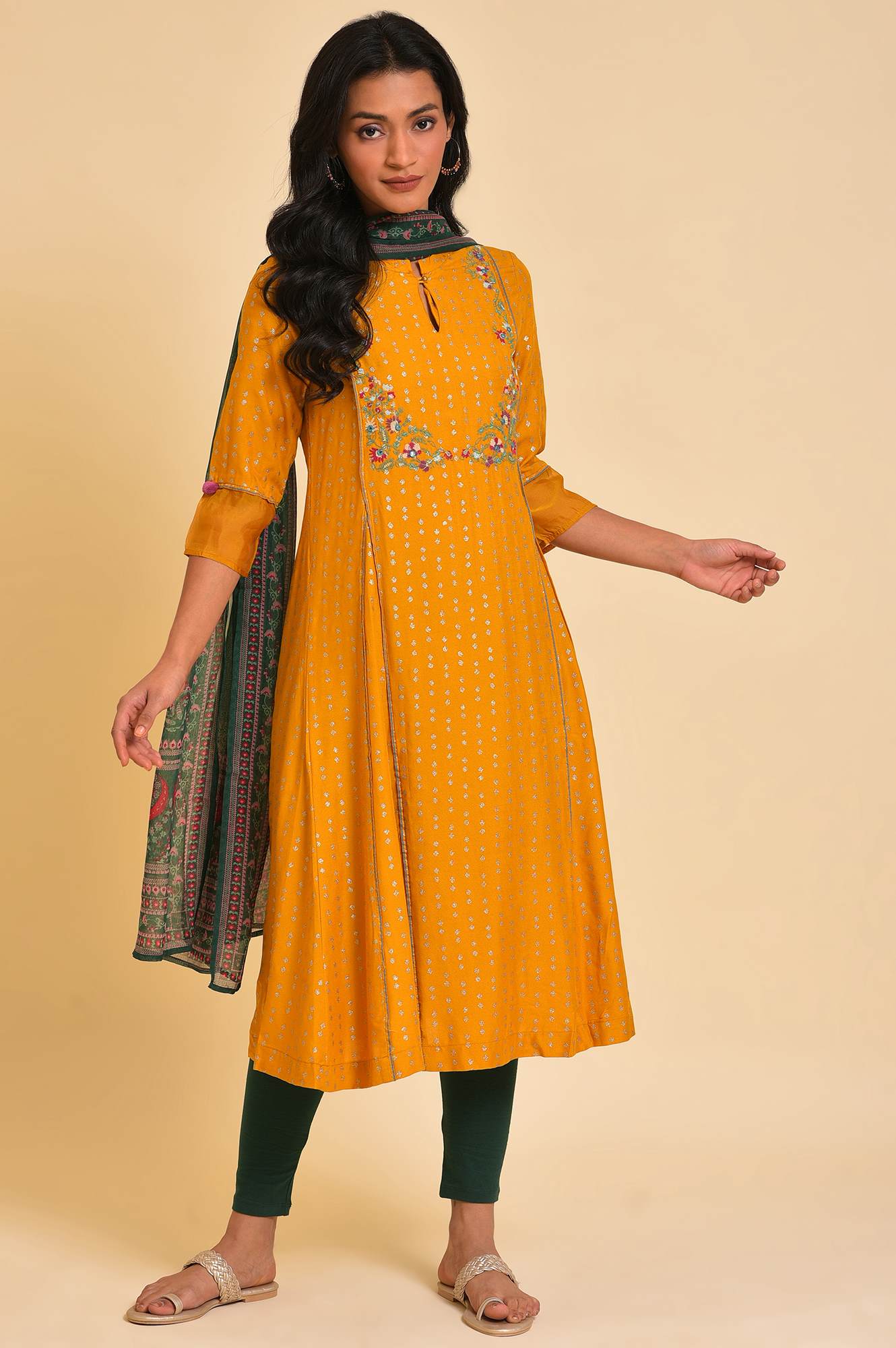 Yellow Embroidered kurta, Tights &amp; Dupatta Set