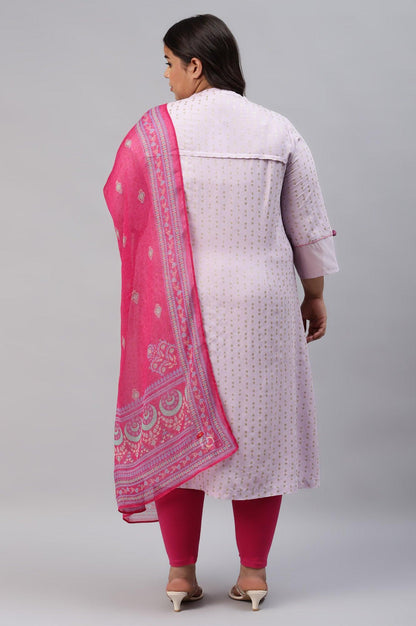 Plus Size Light Purple Embroidered kurta With Pink Tights And Printed Dupatta - wforwoman