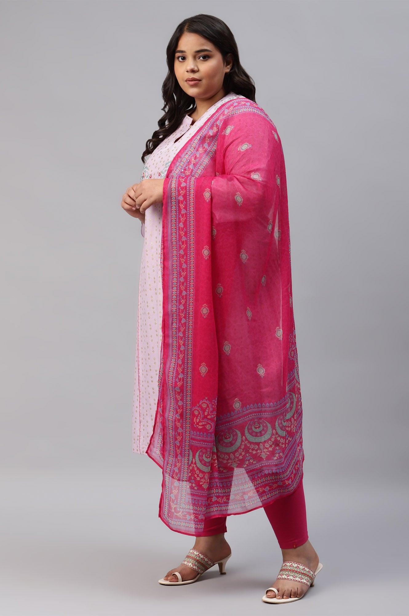 Plus Size Light Purple Embroidered kurta With Pink Tights And Printed Dupatta - wforwoman