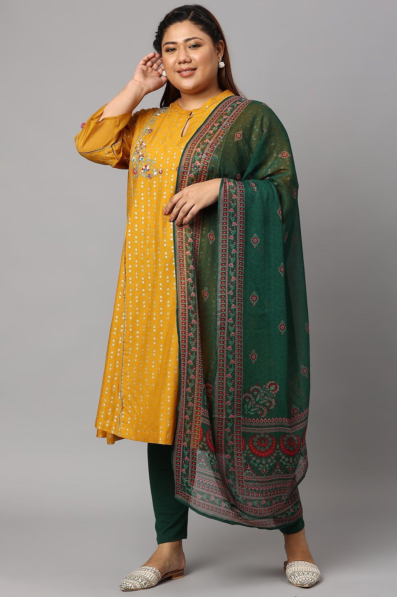 Plus Size Mustard Yellow Embroidered kurta With Green Tights And Printed Dupatta - wforwoman