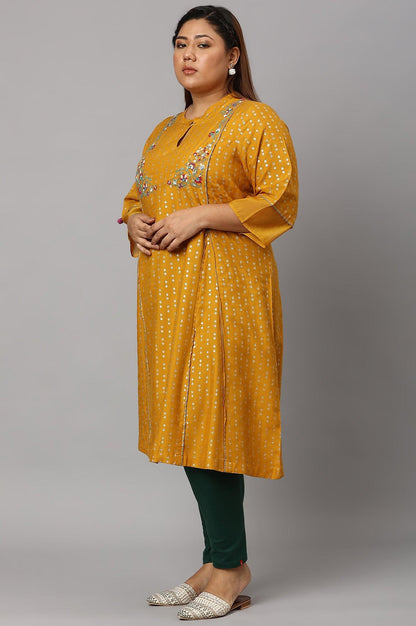 Plus Size Mustard Yellow Embroidered kurta With Green Tights And Printed Dupatta - wforwoman
