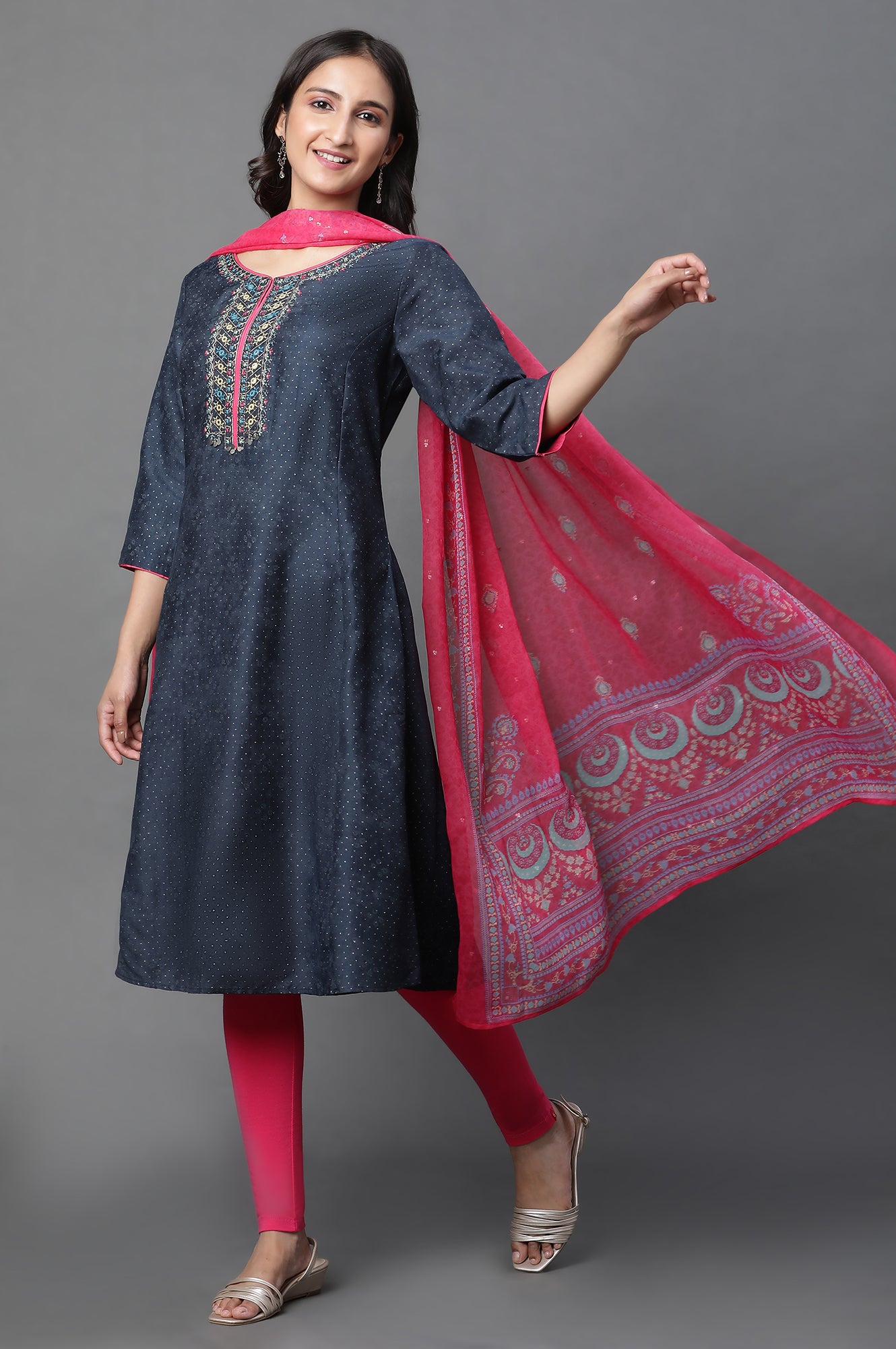 Royal Blue Glitter Printed A-Line Kurta, Tights And Dupatta Set