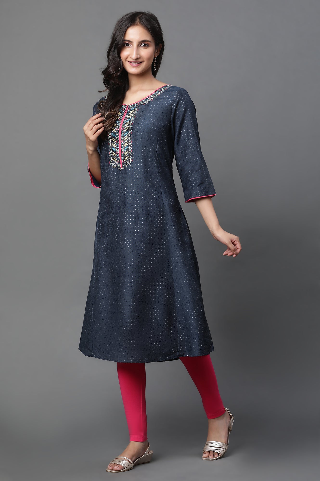 Royal Blue Glitter Printed A-Line Kurta, Tights And Dupatta Set