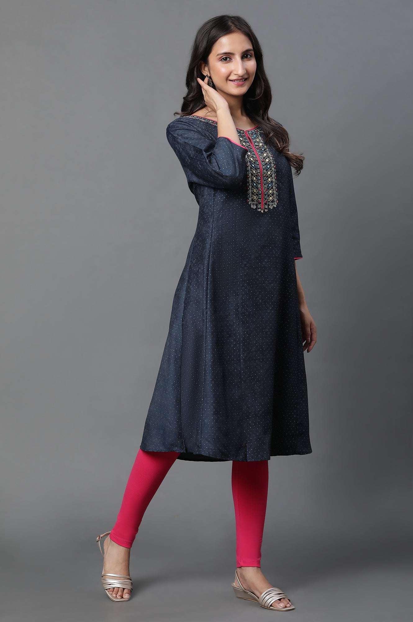 Royal Blue Glitter Printed A-Line Kurta, Tights And Dupatta Set