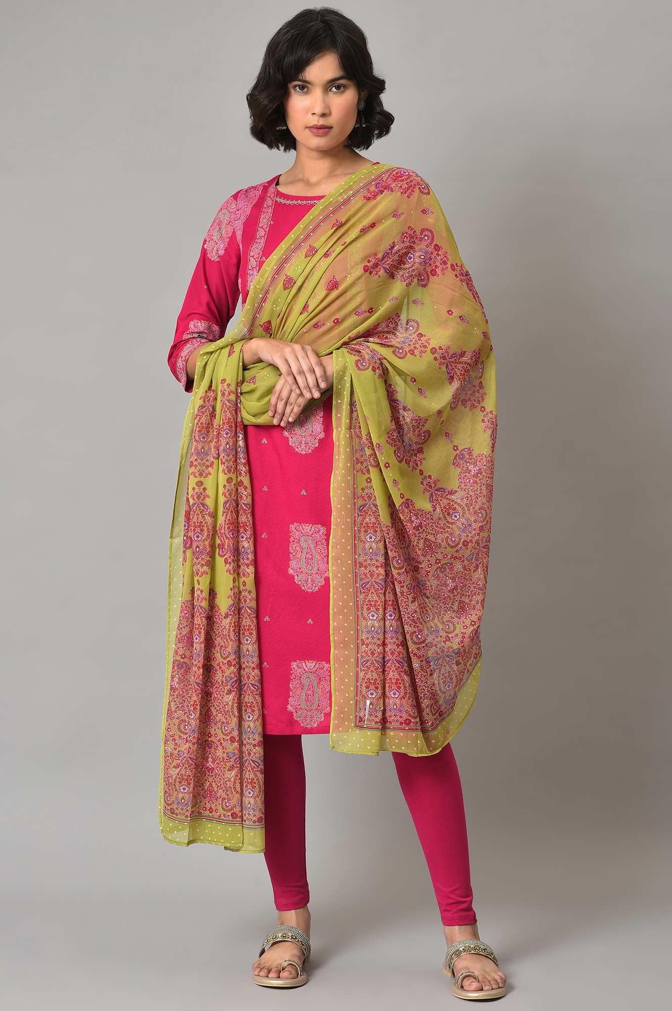 Pink Gold Glitter Printed kurta With Tights And Green Printed Dupatta - wforwoman