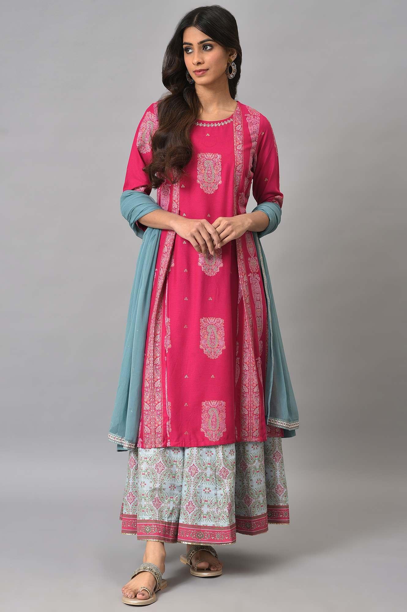 Dark Pink Mock Layered Beadwork kurta With Skirt And Chiffon Dupatta - wforwoman