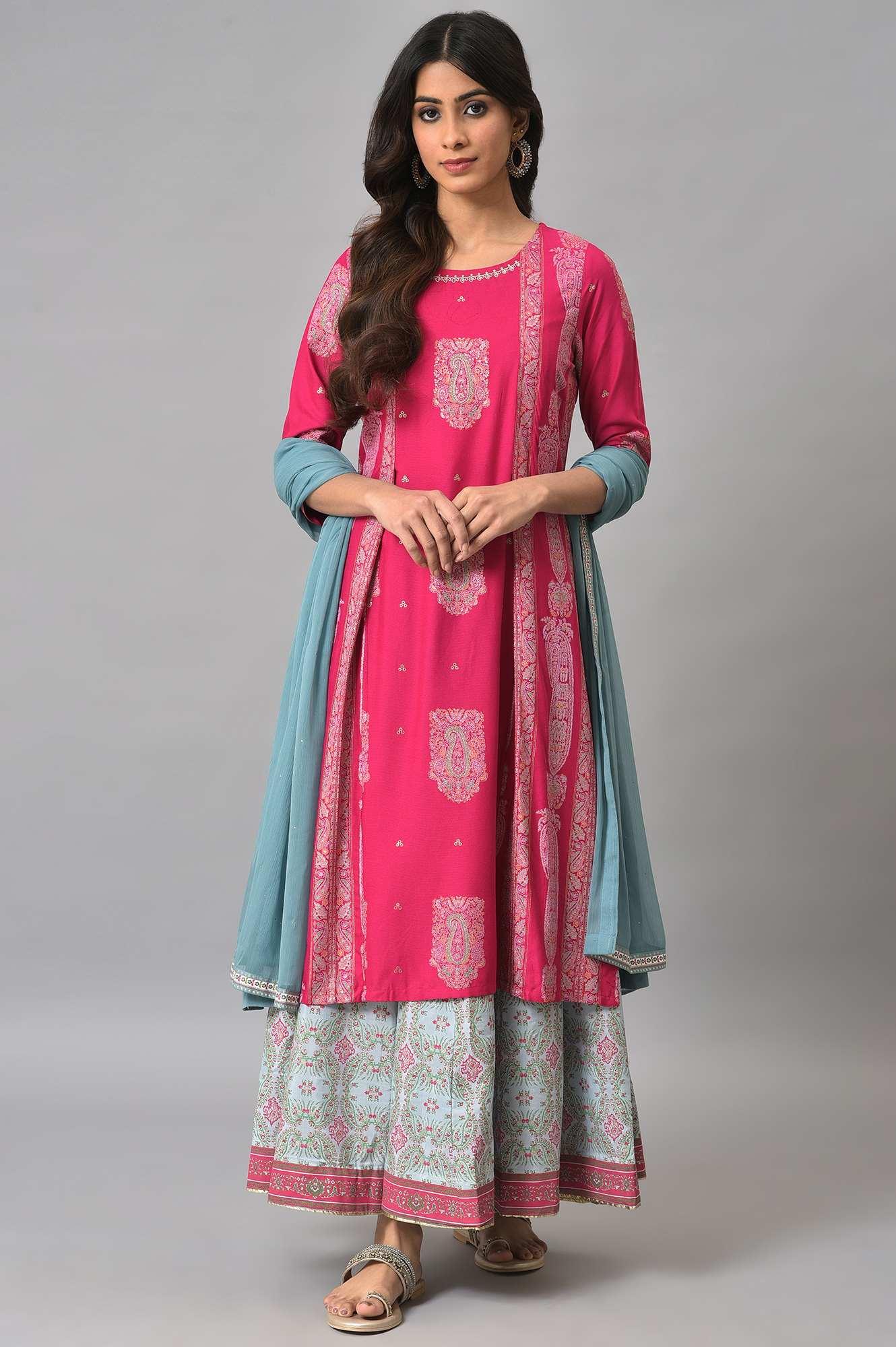 Dark Pink Mock Layered Beadwork kurta With Skirt And Chiffon Dupatta - wforwoman