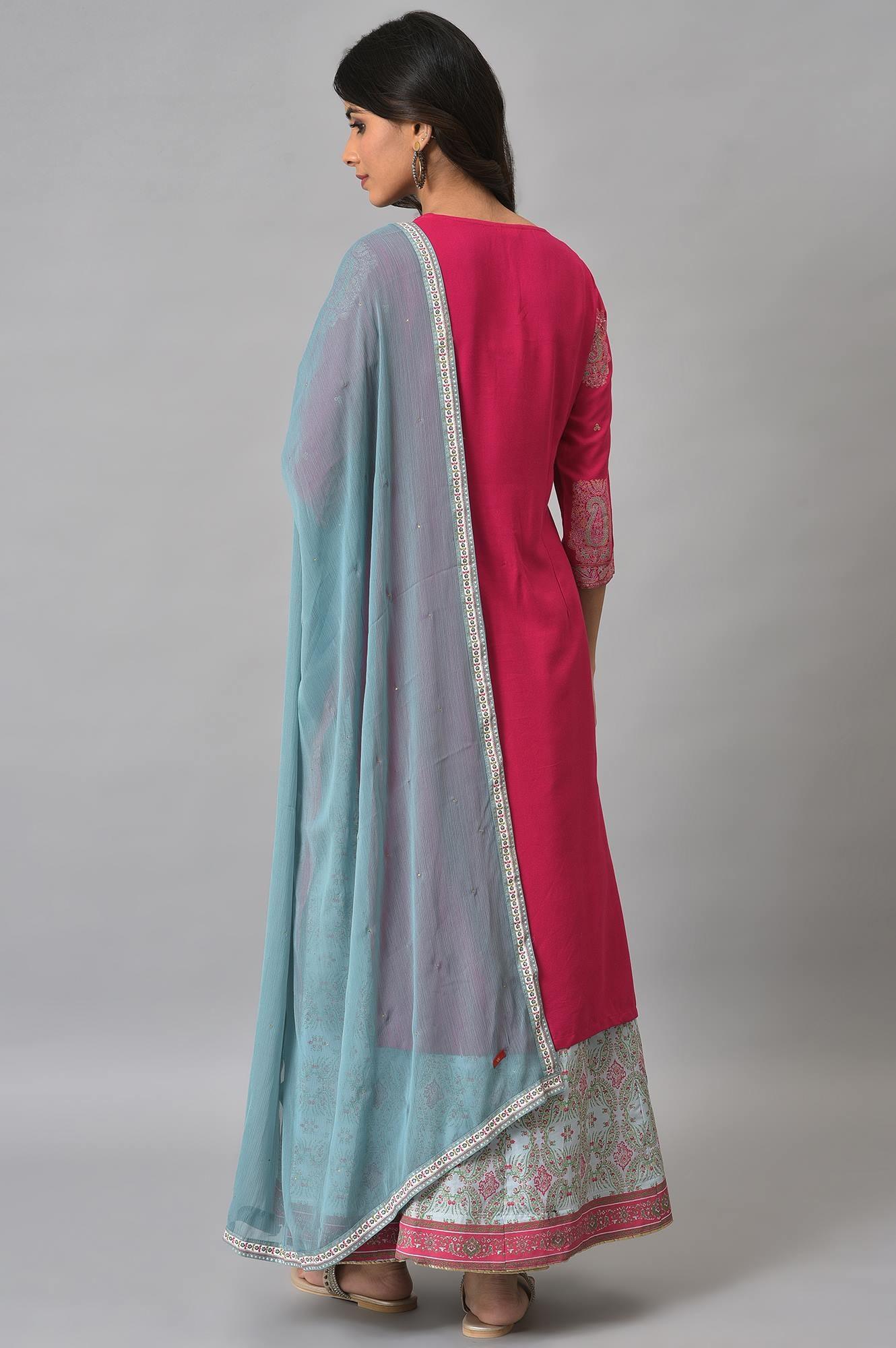 Dark Pink Mock Layered Beadwork kurta With Skirt And Chiffon Dupatta - wforwoman