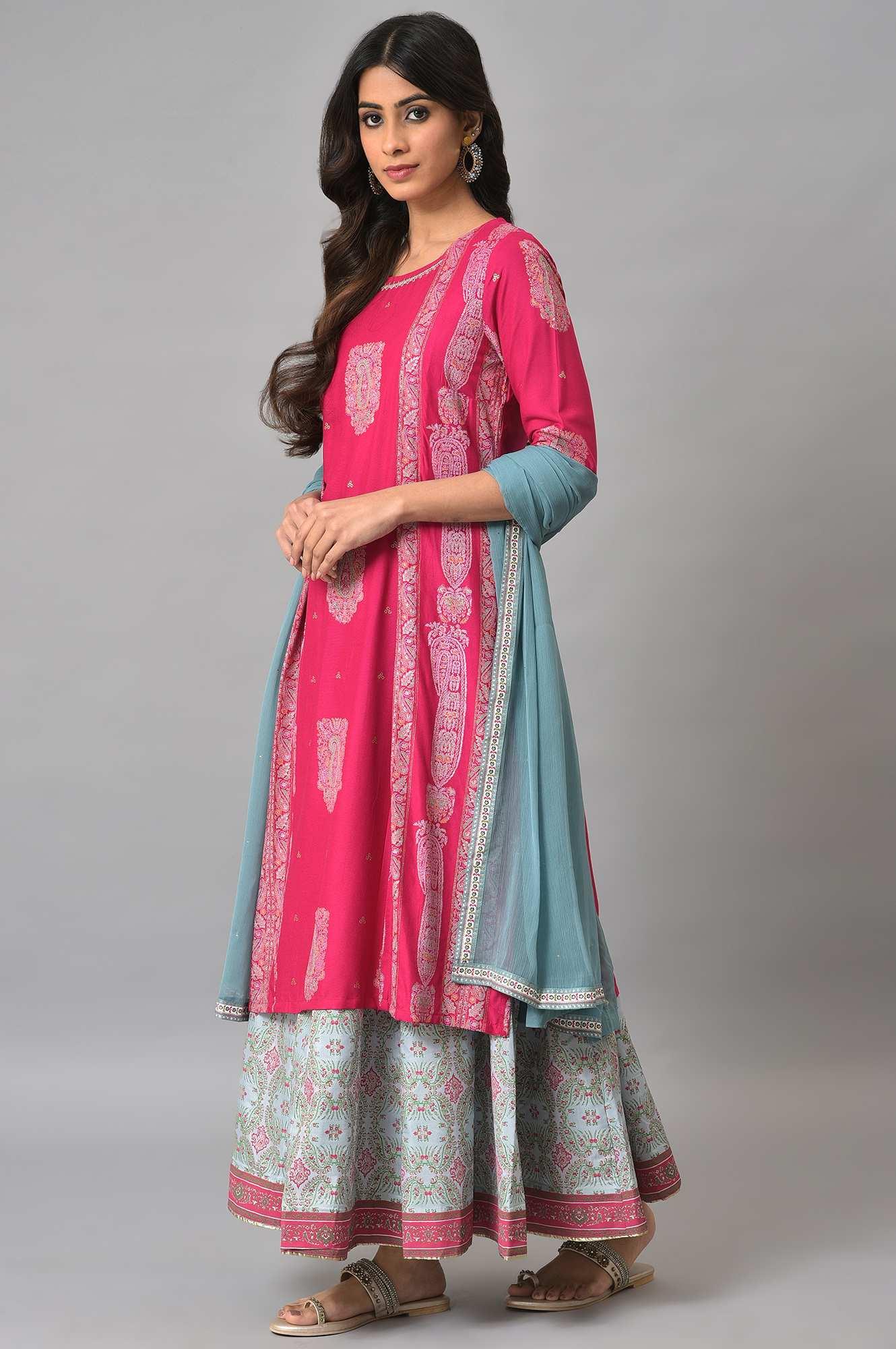 Dark Pink Mock Layered Beadwork kurta With Skirt And Chiffon Dupatta - wforwoman