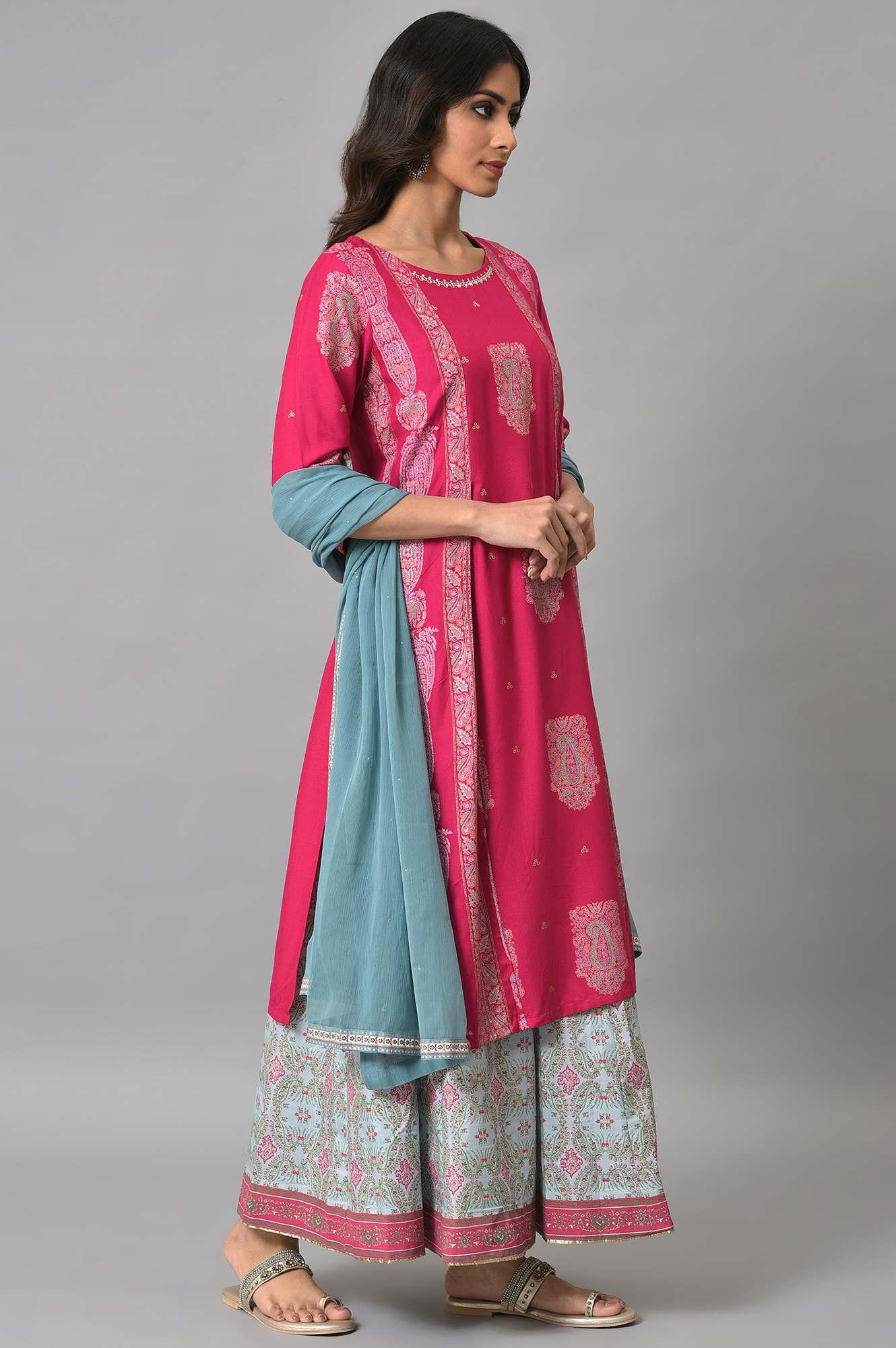 Dark Pink Mock Layered Beadwork kurta With Skirt And Chiffon Dupatta - wforwoman