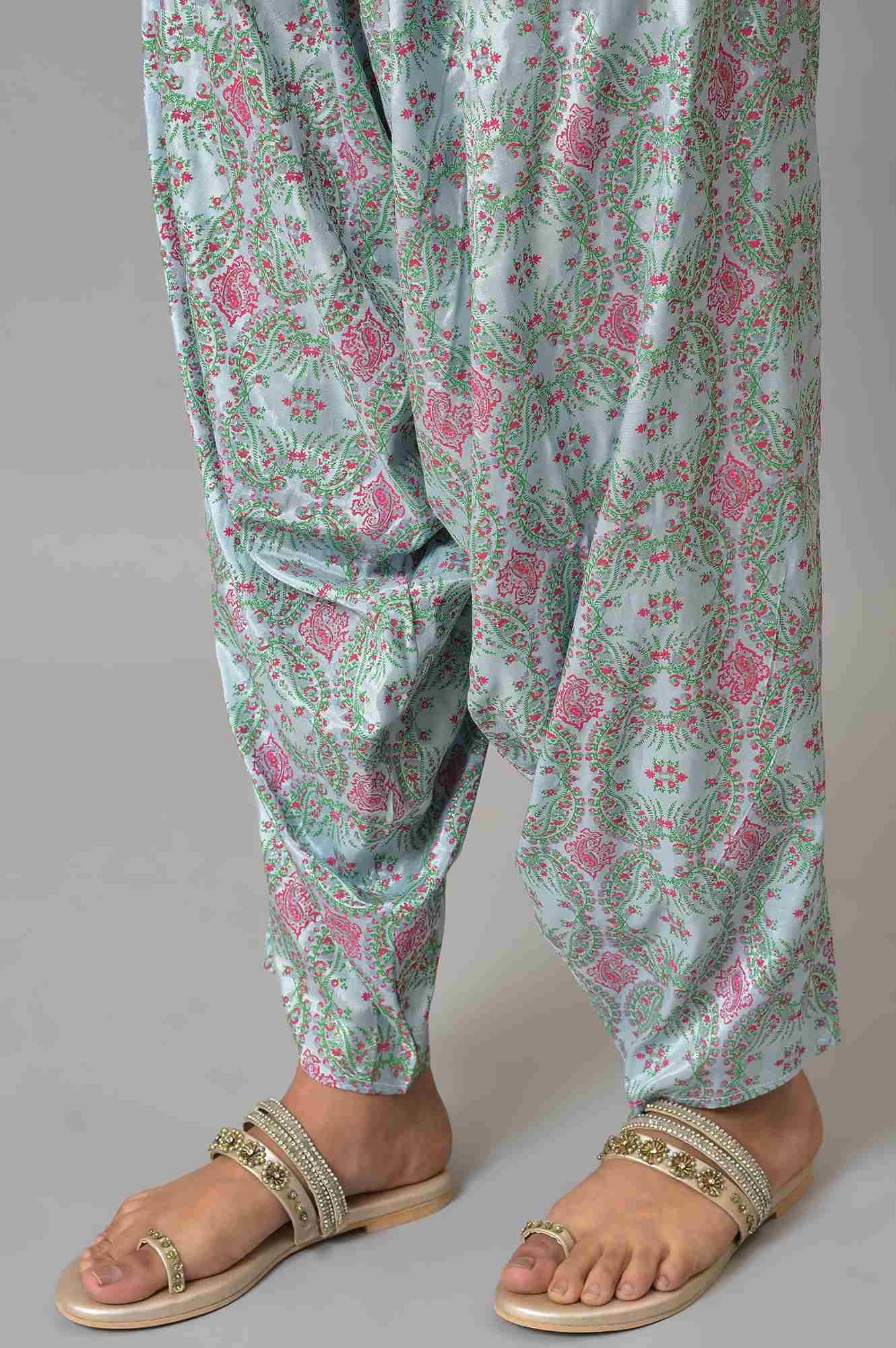 Light Blue Paisley Print High-Low kurta With Draped Pants And Pink Dupatta - wforwoman