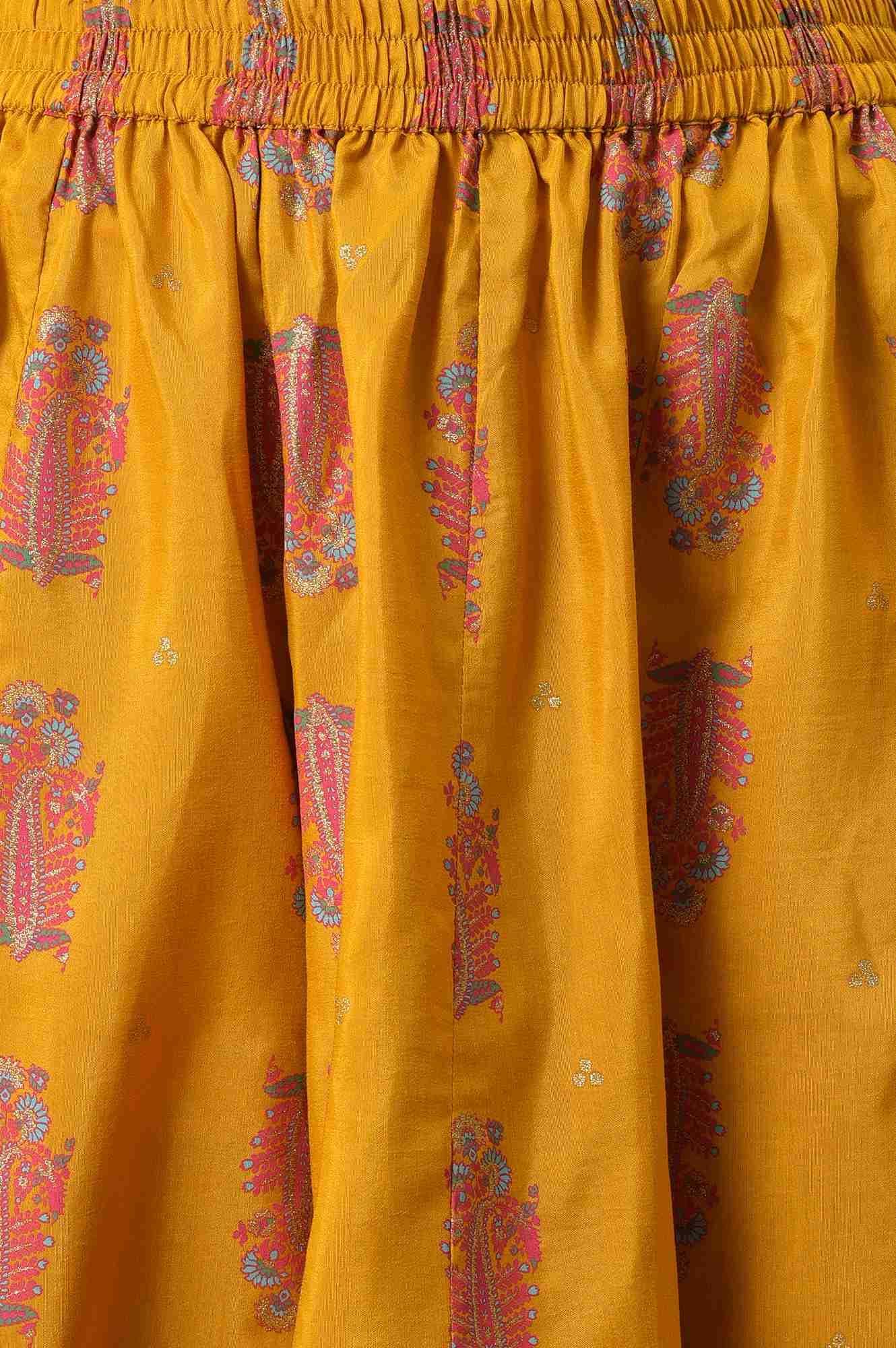 Mustard Festive A-Line Top With Culottes Having Attached Drape - wforwoman