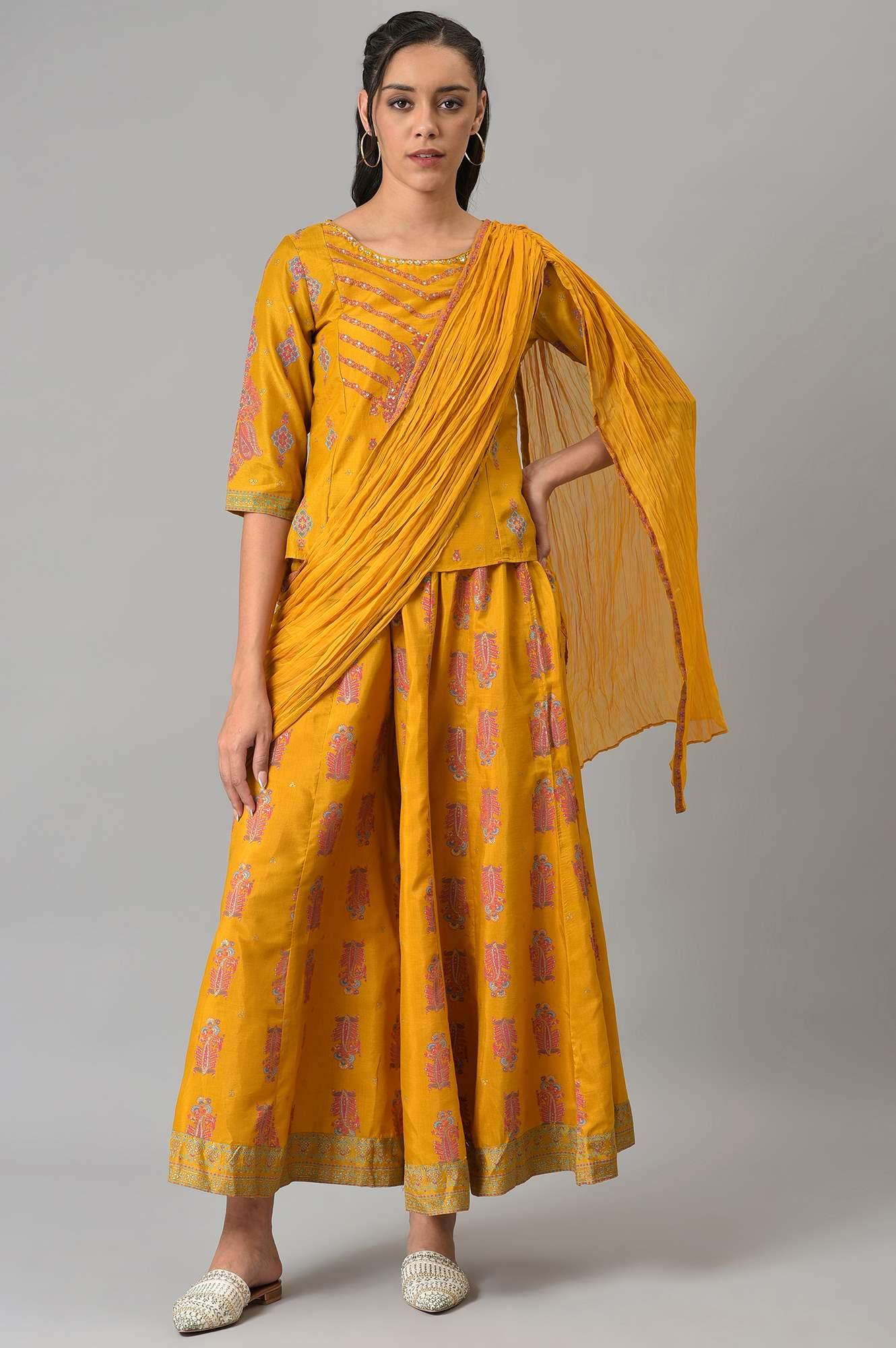 Mustard Festive A-Line Top With Culottes Having Attached Drape - wforwoman