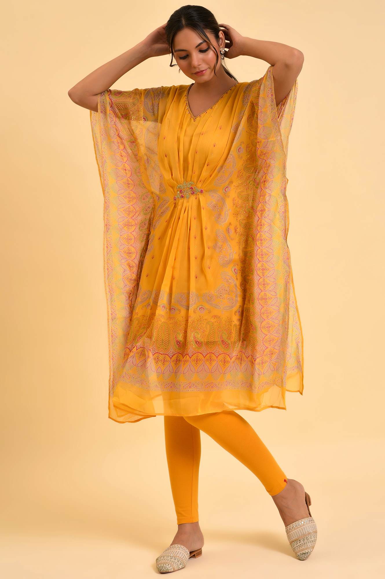 Light Mustard Printed Kaftan With Yellow Tights