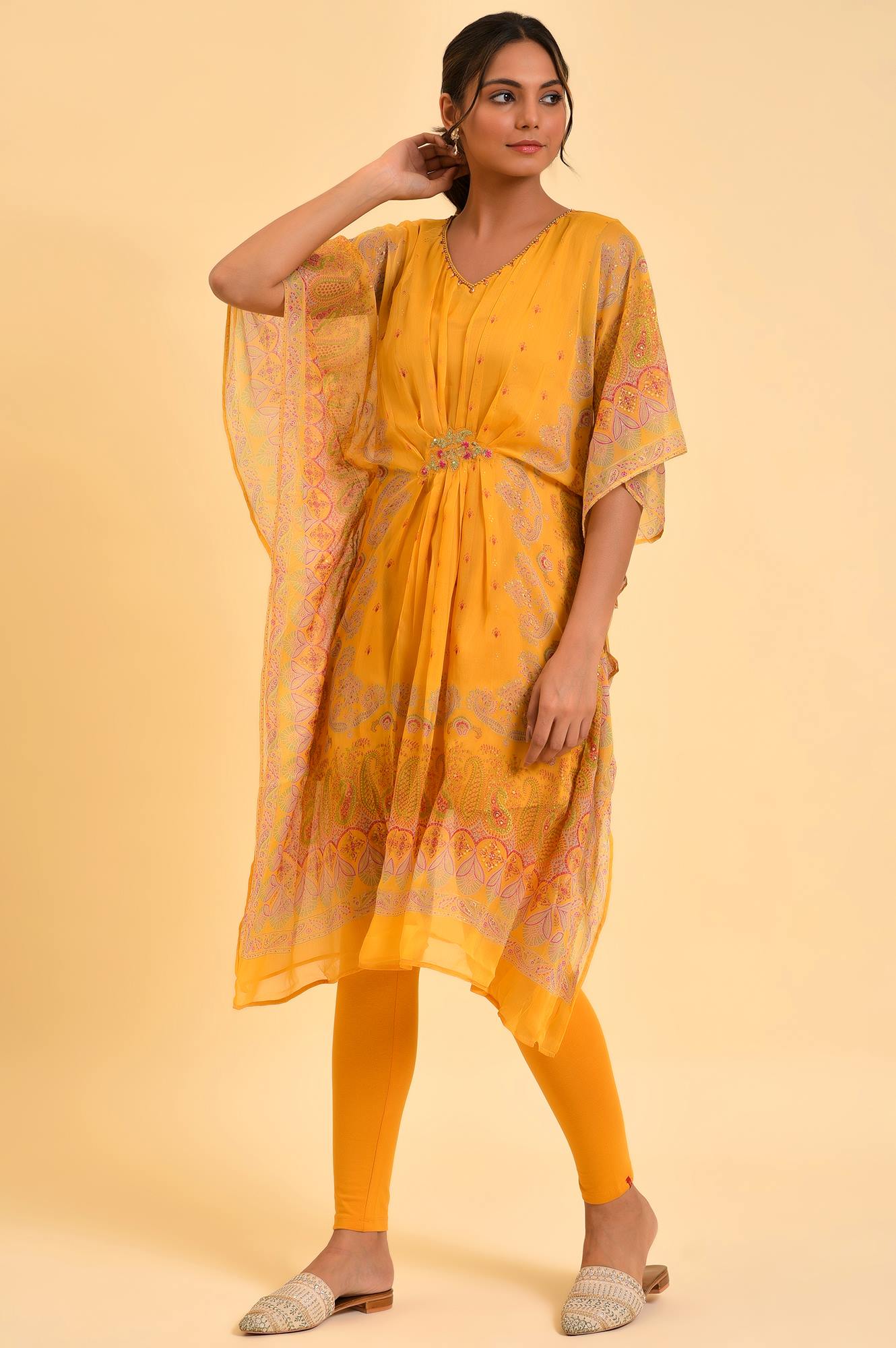 Light Mustard Printed Kaftan With Yellow Tights