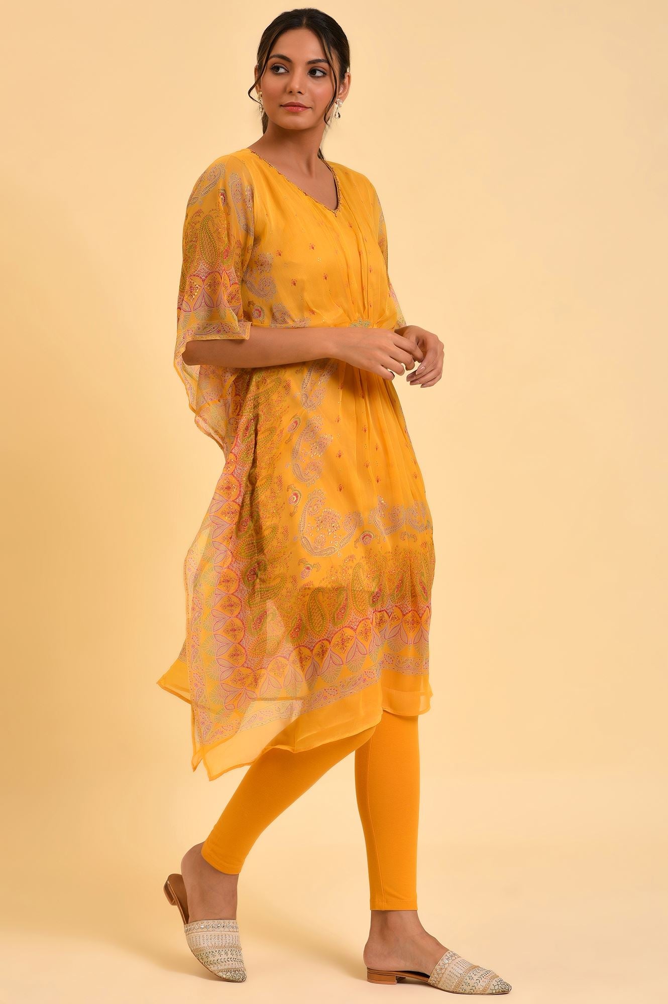 Light Mustard Printed Kaftan With Yellow Tights